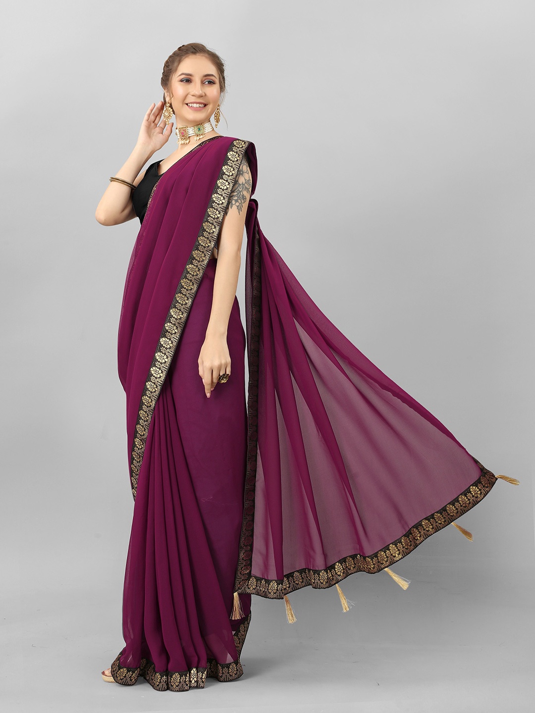

Fashion FRICKS Embroidered Pure Georgette Saree, Maroon