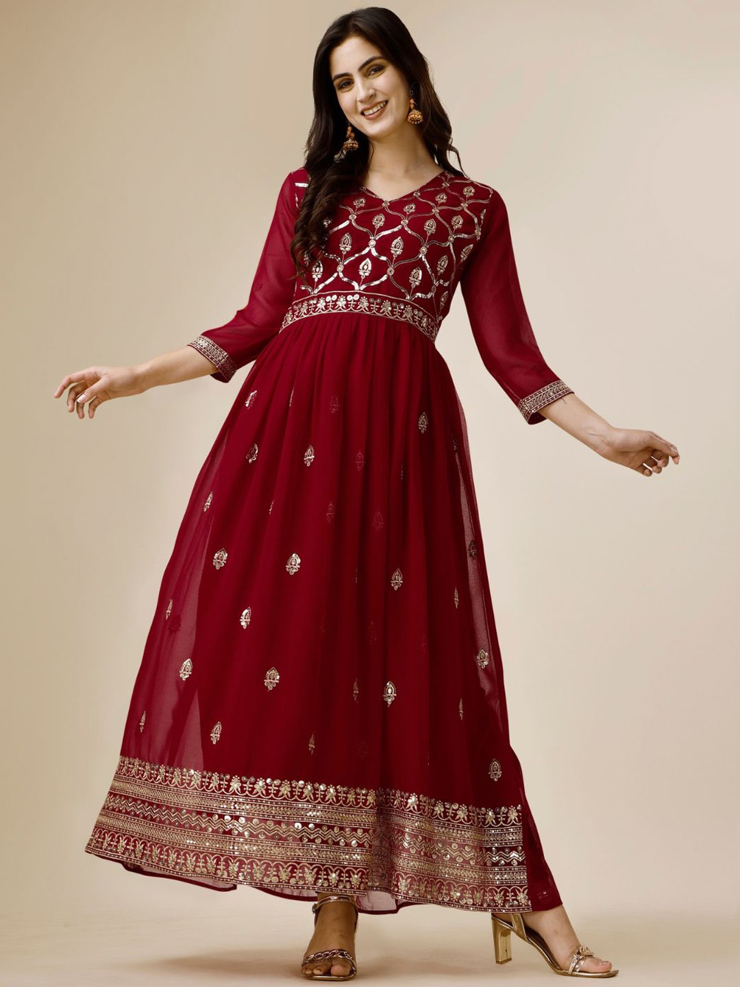 

KALINI Embellished Sequinned Georgette Kurta, Maroon