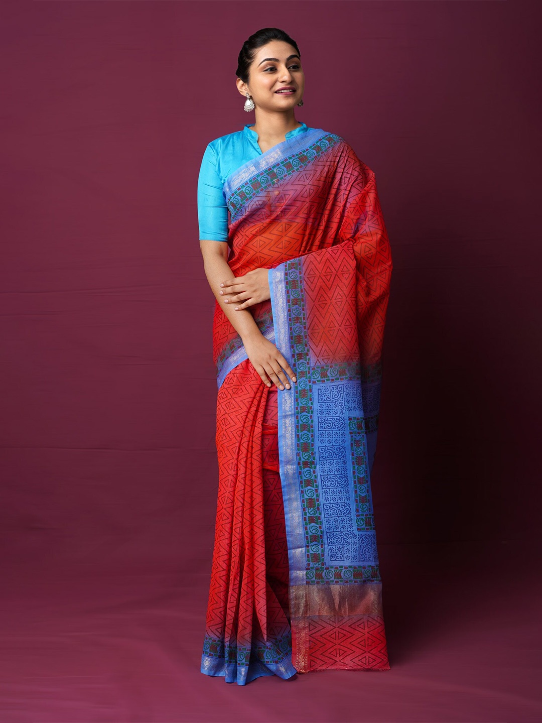 

Unnati Silks Ethnic Motifs Zari Silk Cotton Chanderi Saree, Red
