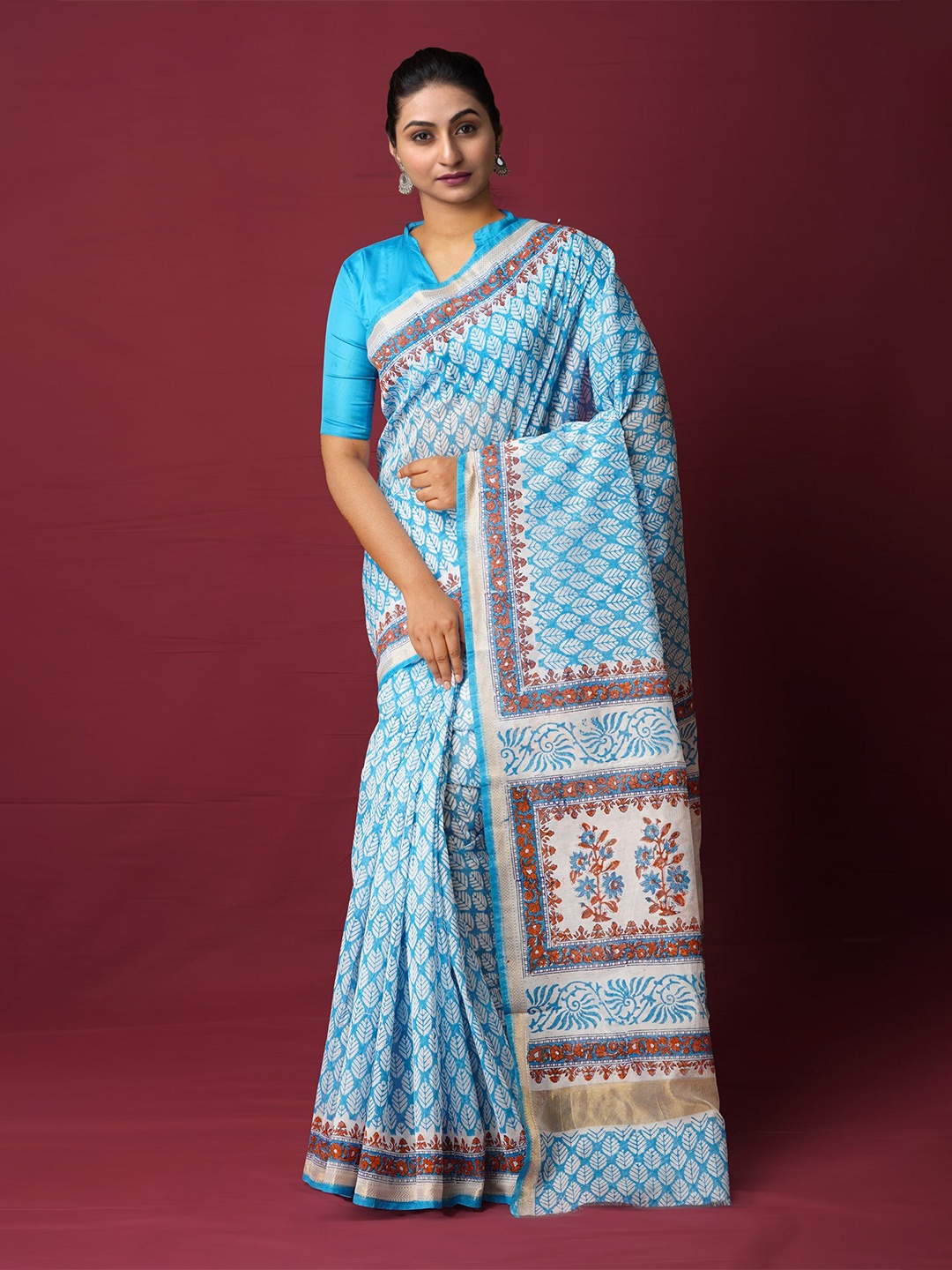 

Unnati Silks Ethnic Motifs Zari Silk Cotton Chanderi Saree, Blue