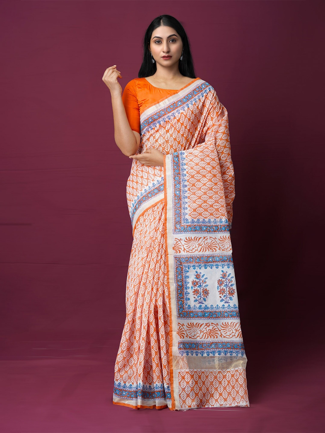 

Unnati Silks Ethnic Motifs Zari Silk Cotton Chanderi Saree, Orange
