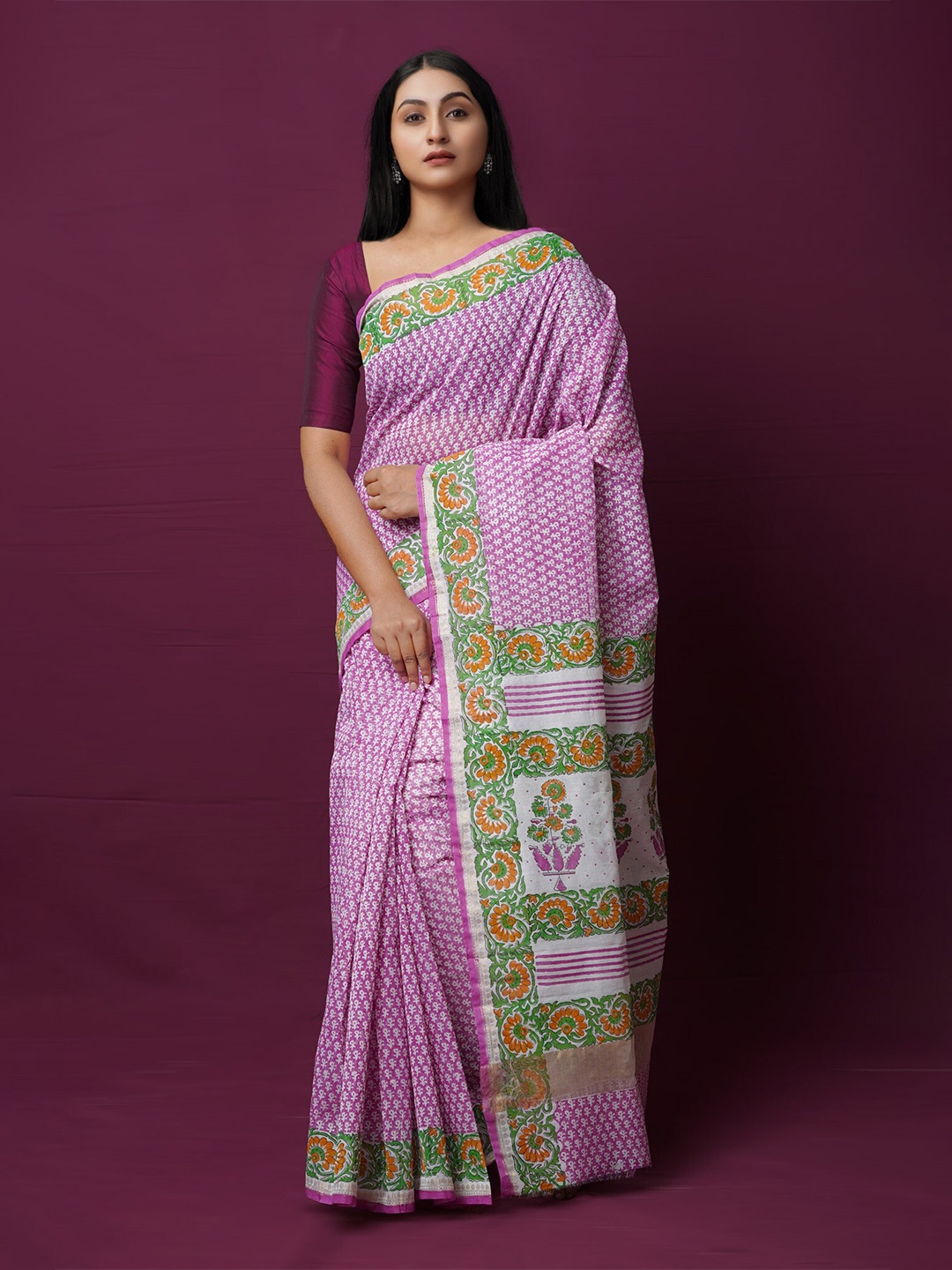 

Unnati Silks Ethnic Motifs Zari Silk Cotton Chanderi Saree, Pink