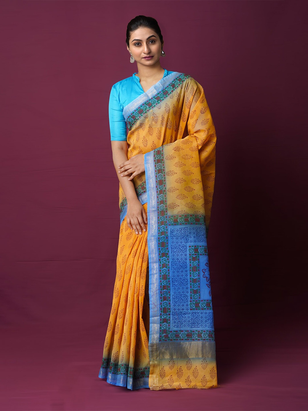 

Unnati Silks Ethnic Motifs Printed Zari Silk Cotton Chanderi Saree, Yellow