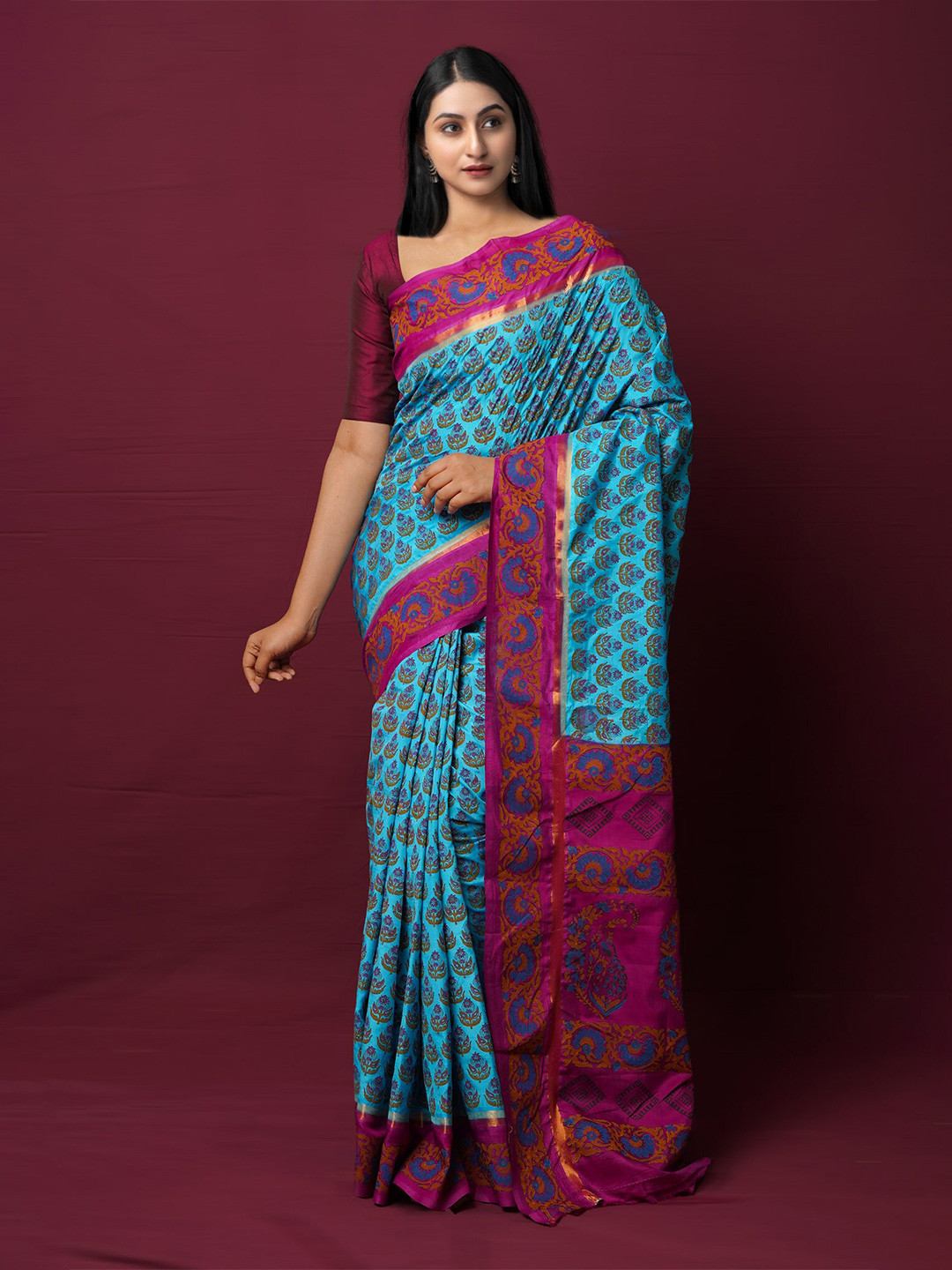 

Unnati Silks Floral Printed Zari Baluchari Saree, Blue