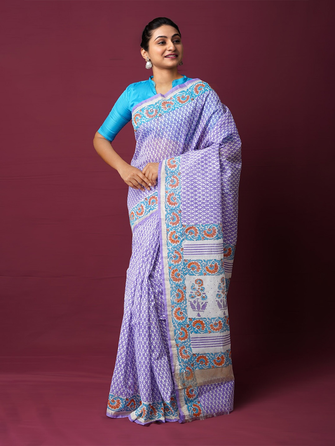 

Unnati Silks Ethnic Motifs Printed Zari Silk Cotton Chanderi Saree, Violet