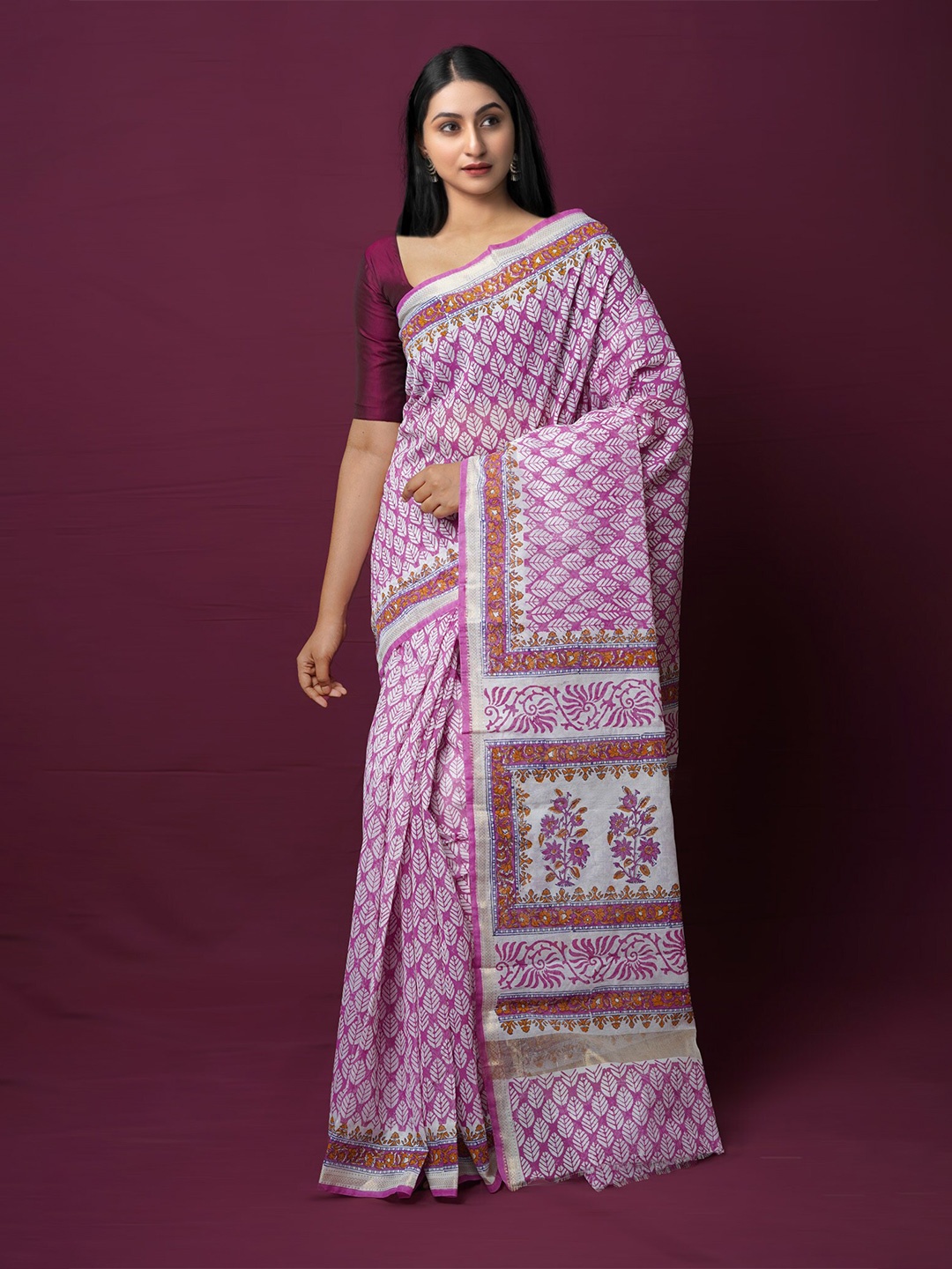 

Unnati Silks Ethnic Motifs Printed Zari Silk Cotton Chanderi Saree, Pink