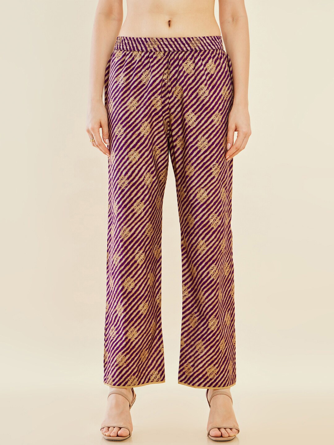 

Soch Women Ethnic Motifs Printed And Striped Straight Palazzos, Purple