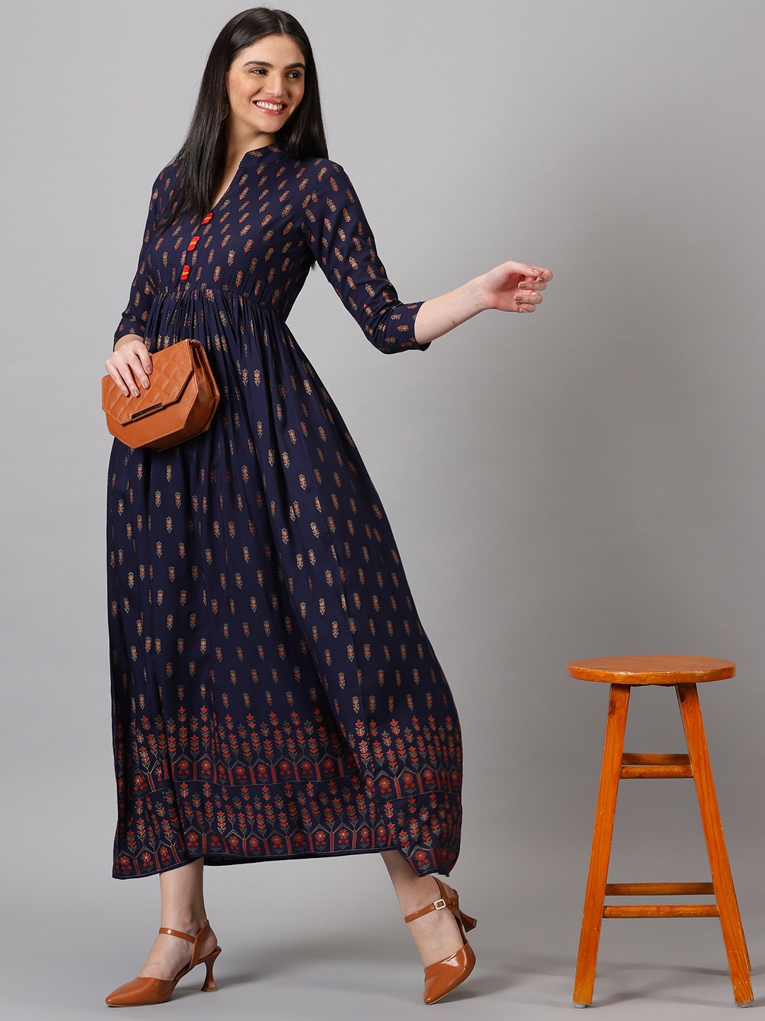 

PURSHOTTAM WALA Ethnic Motifs Printed A-Line Ethnic Dress, Navy blue