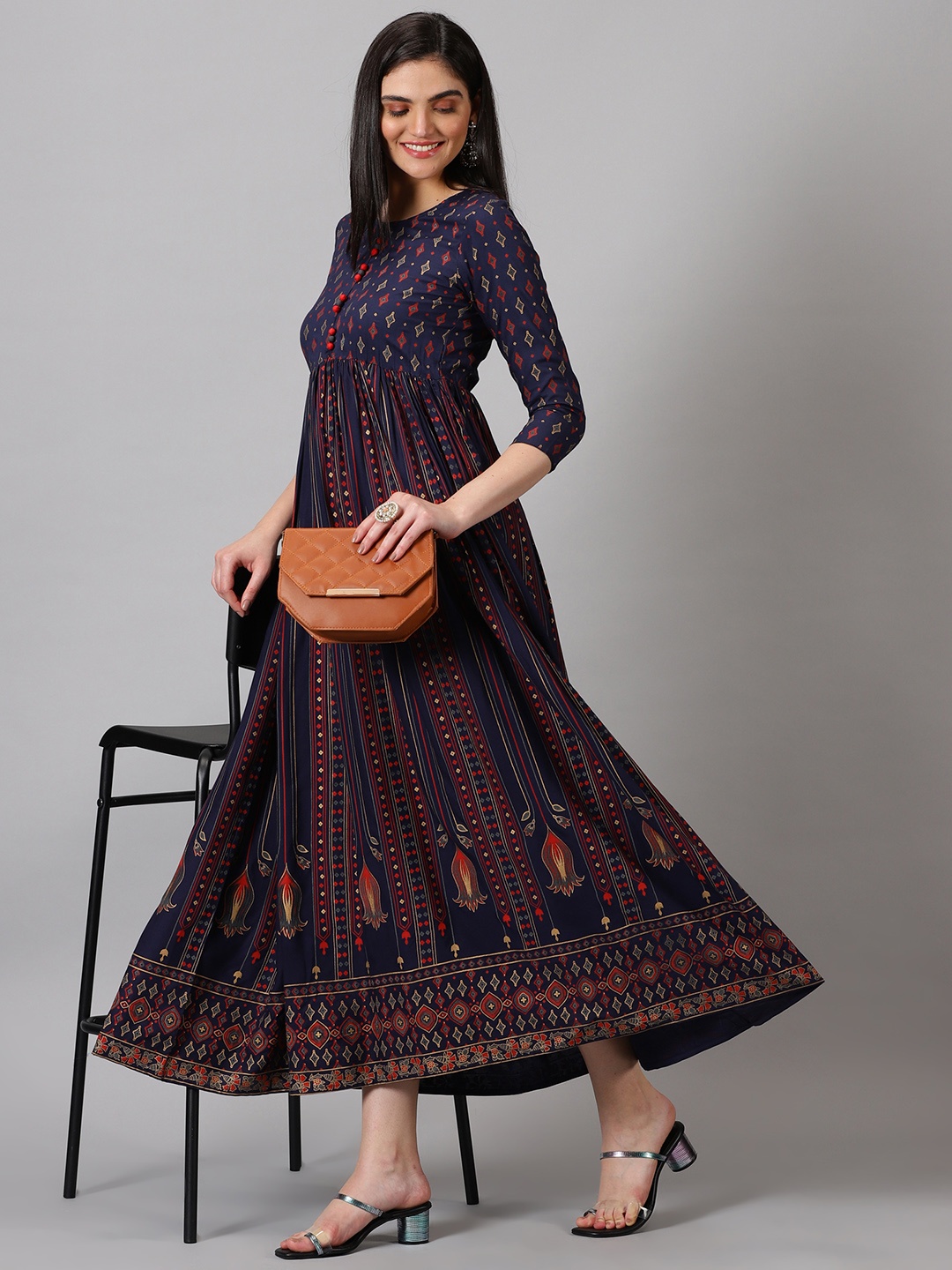 

PURSHOTTAM WALA Ethnic Motifs Printed Empire Ethnic Dress, Navy blue