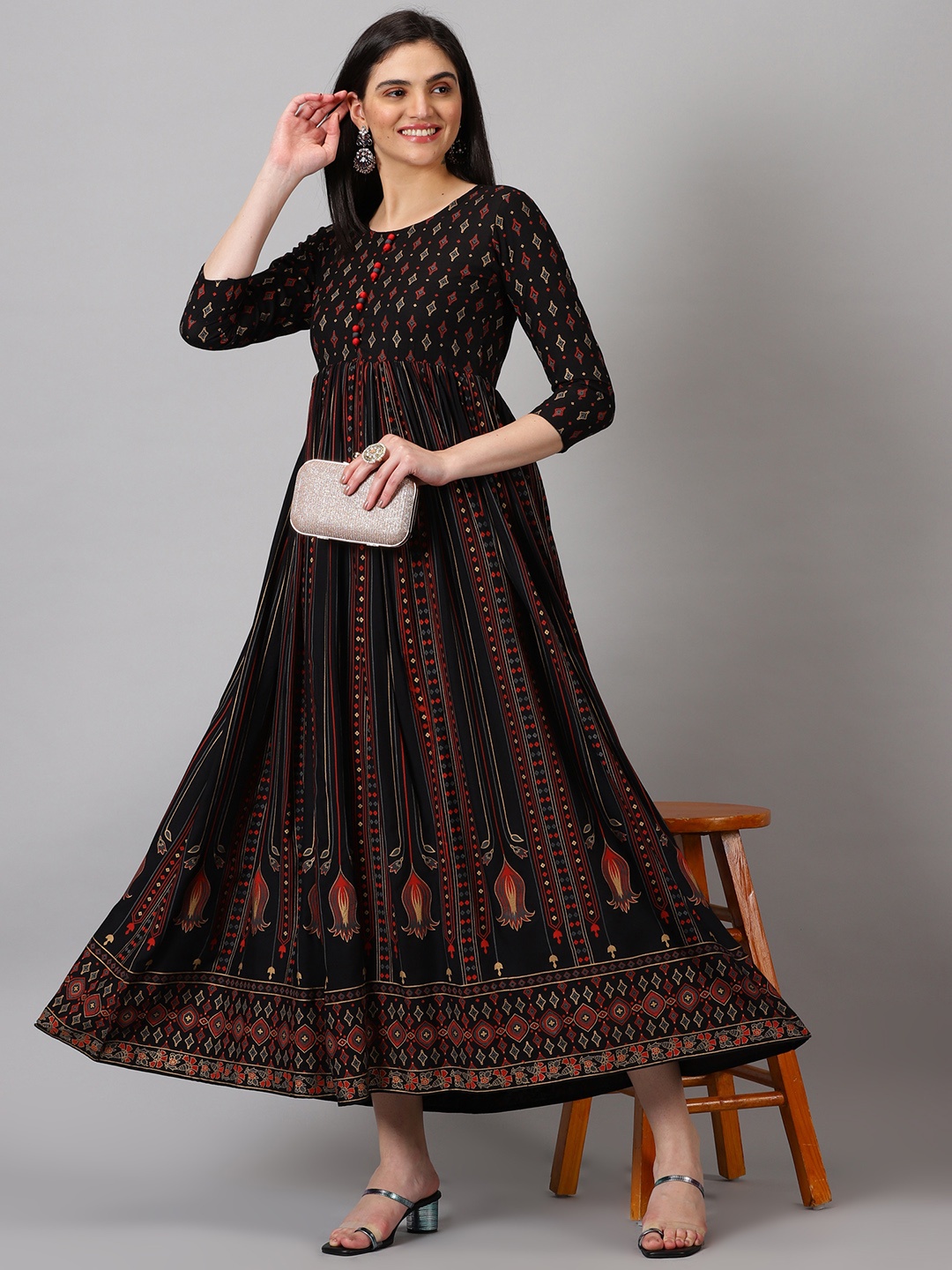 

PURSHOTTAM WALA Ethnic Motifs Printed A-Line Maxi Ethnic Dress, Black