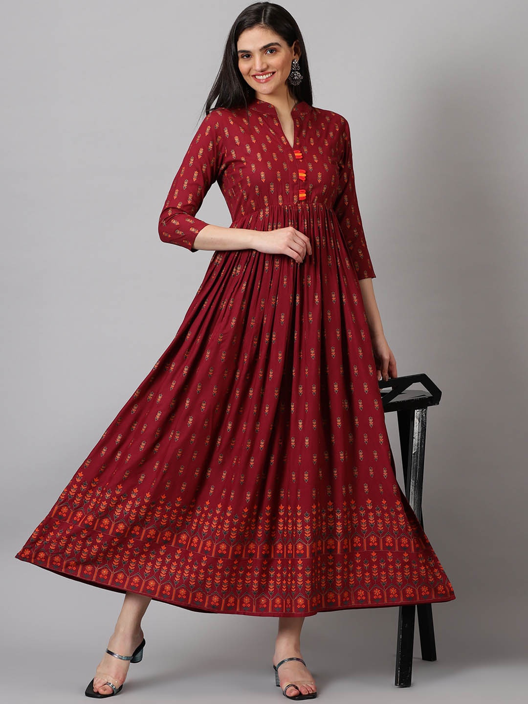 

PURSHOTTAM WALA Ethnic Motifs Printed Fit and Flare Maxi Ethnic Dress, Maroon