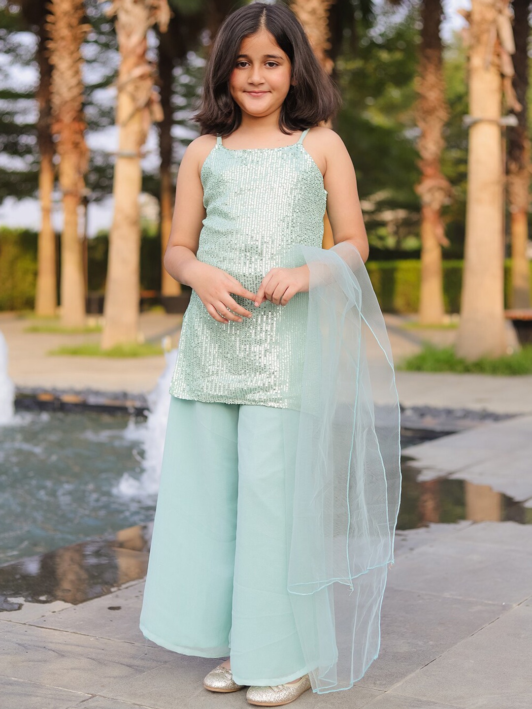

PICCOLO Girls Embroidered Sequinned Silk Georgette Kurti With Palazzos & Dupatta, Green