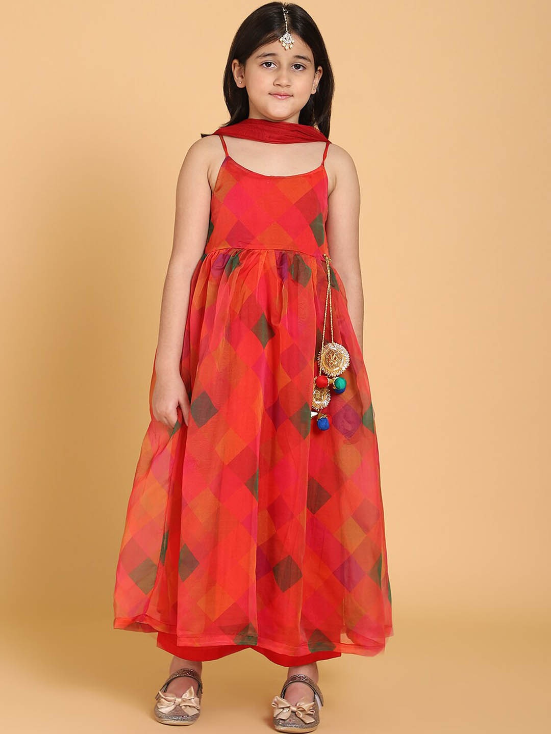 

PICCOLO Girls Geometric Printed Shoulder Straps Pleated Kurta With Trousers & Dupatta, Red