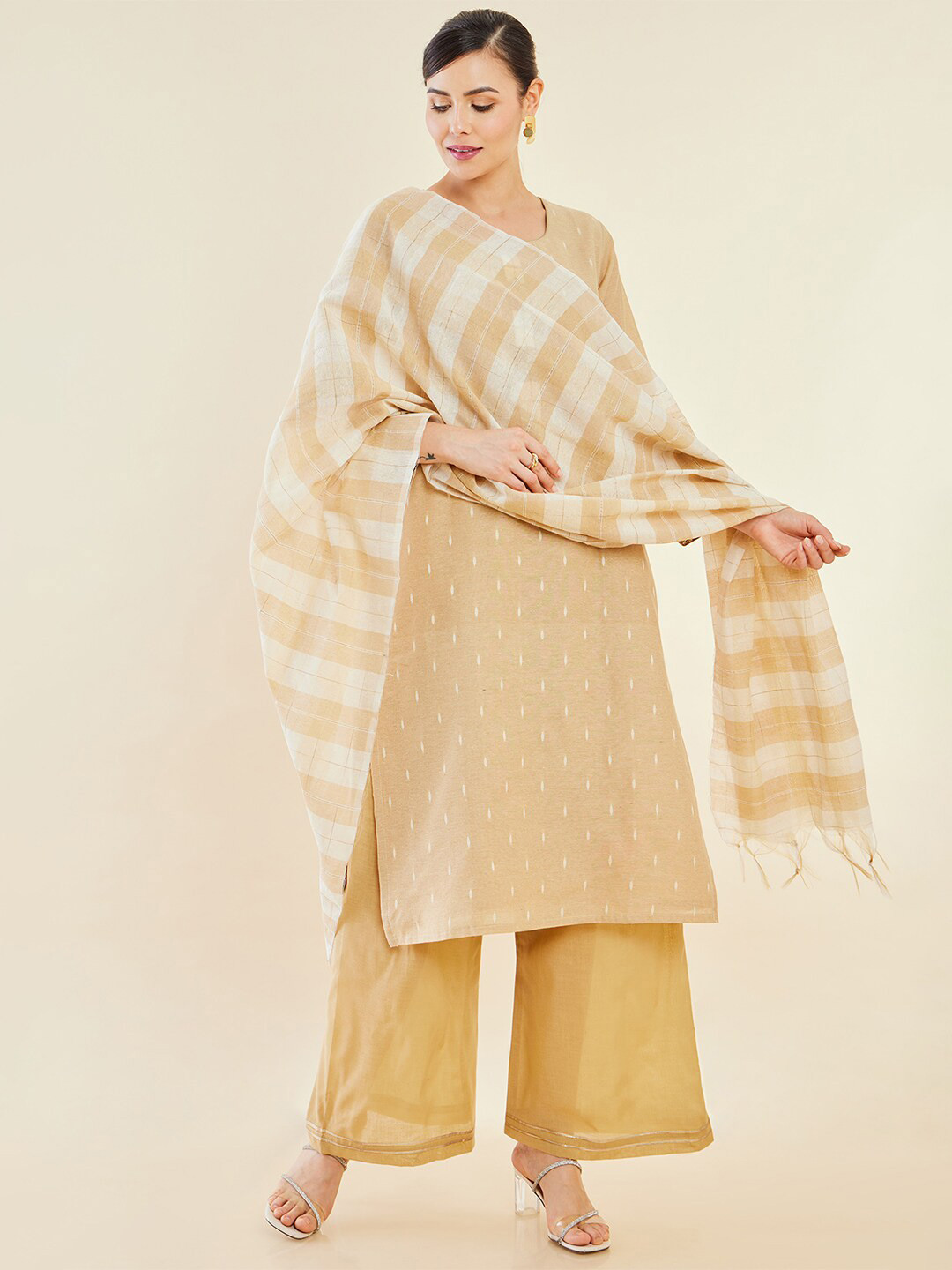 

Soch Beige & White Embroidered Pure Cotton Unstitched Dress Material