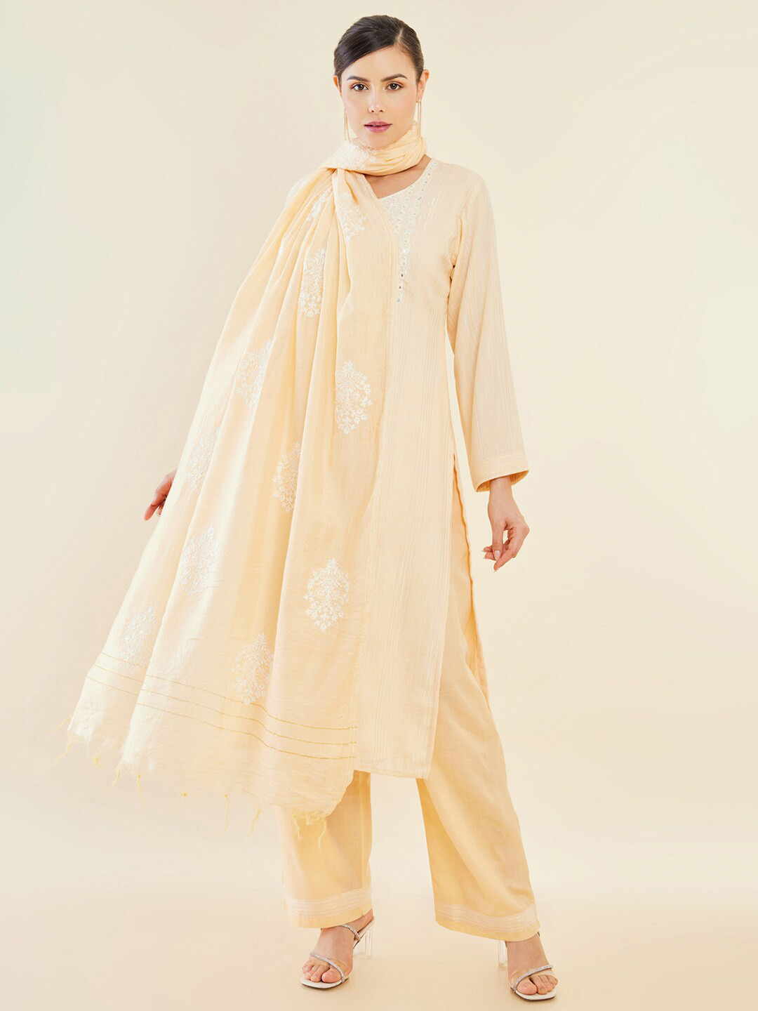 

Soch Peach-Coloured & White Embroidered Pure Cotton Unstitched Dress Material