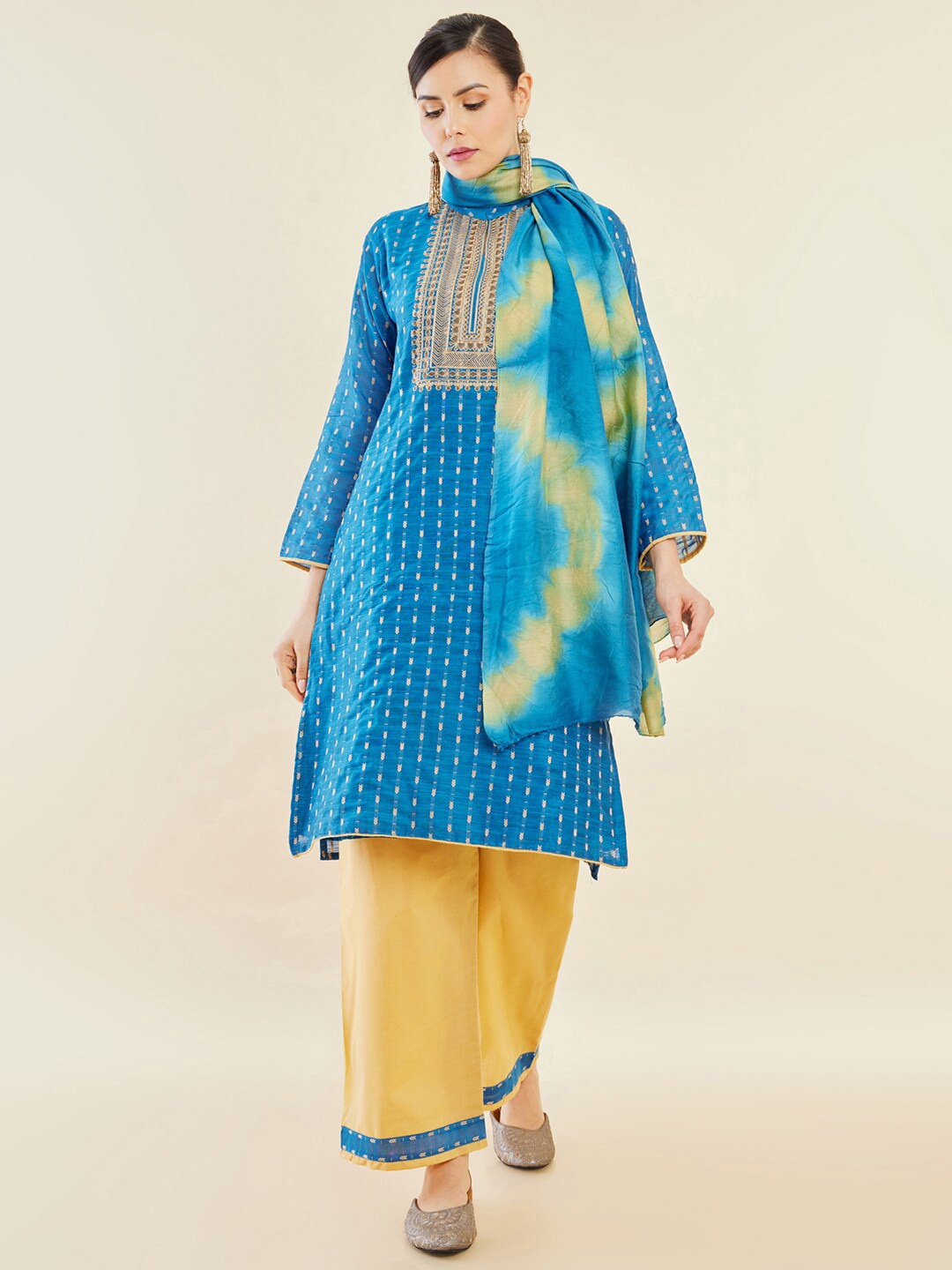 

Soch Blue & Yellow Embroidered Art Silk Unstitched Dress Material