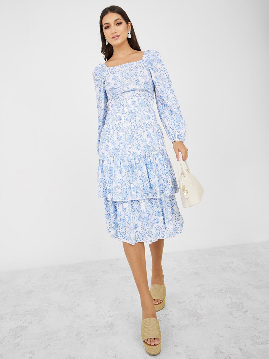 

Styli Floral Printed A-Line Layered Midi Skirt, White