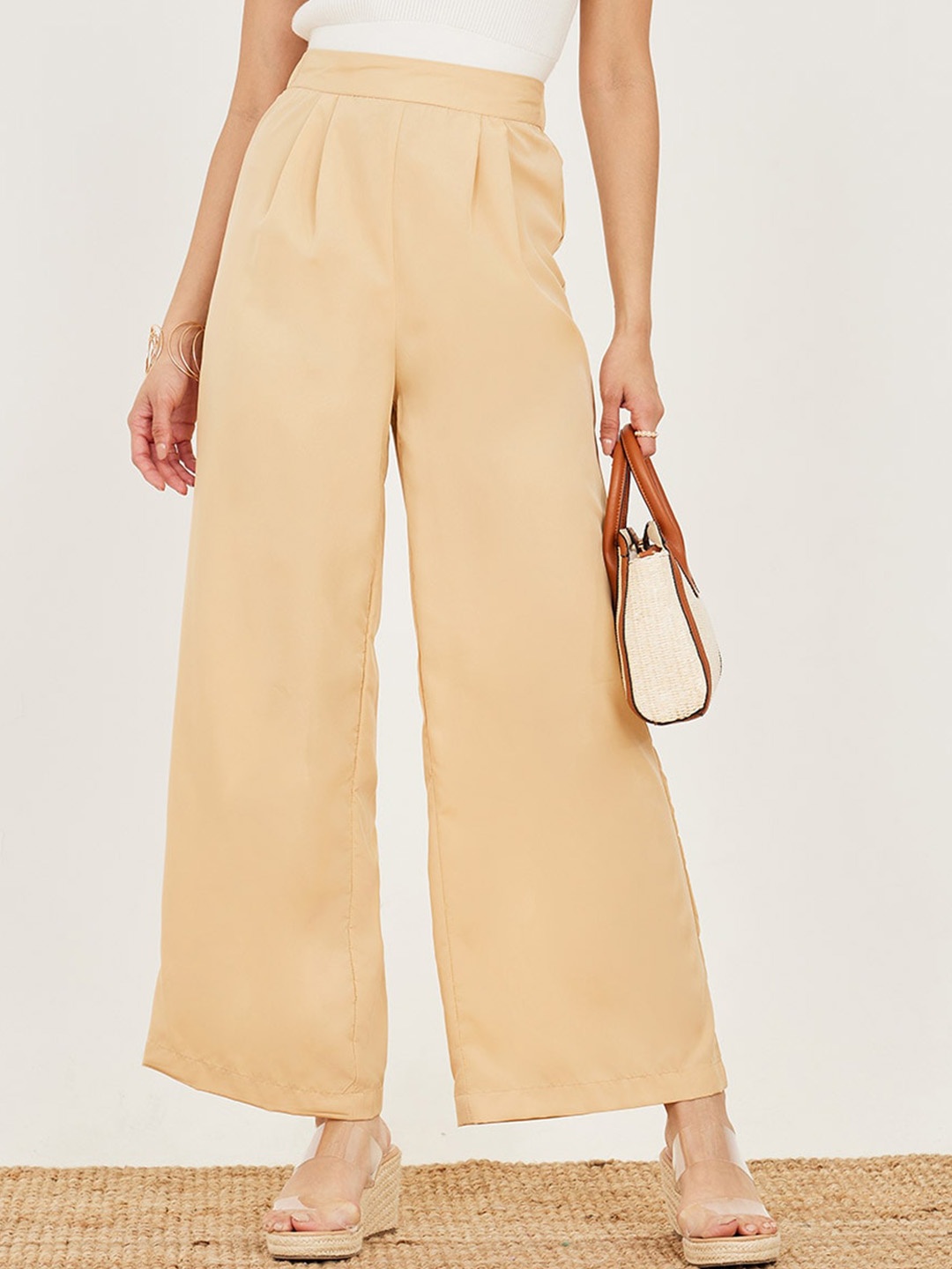 

Styli Women Flared High-Rise Pleated Parallel Trousers, Beige