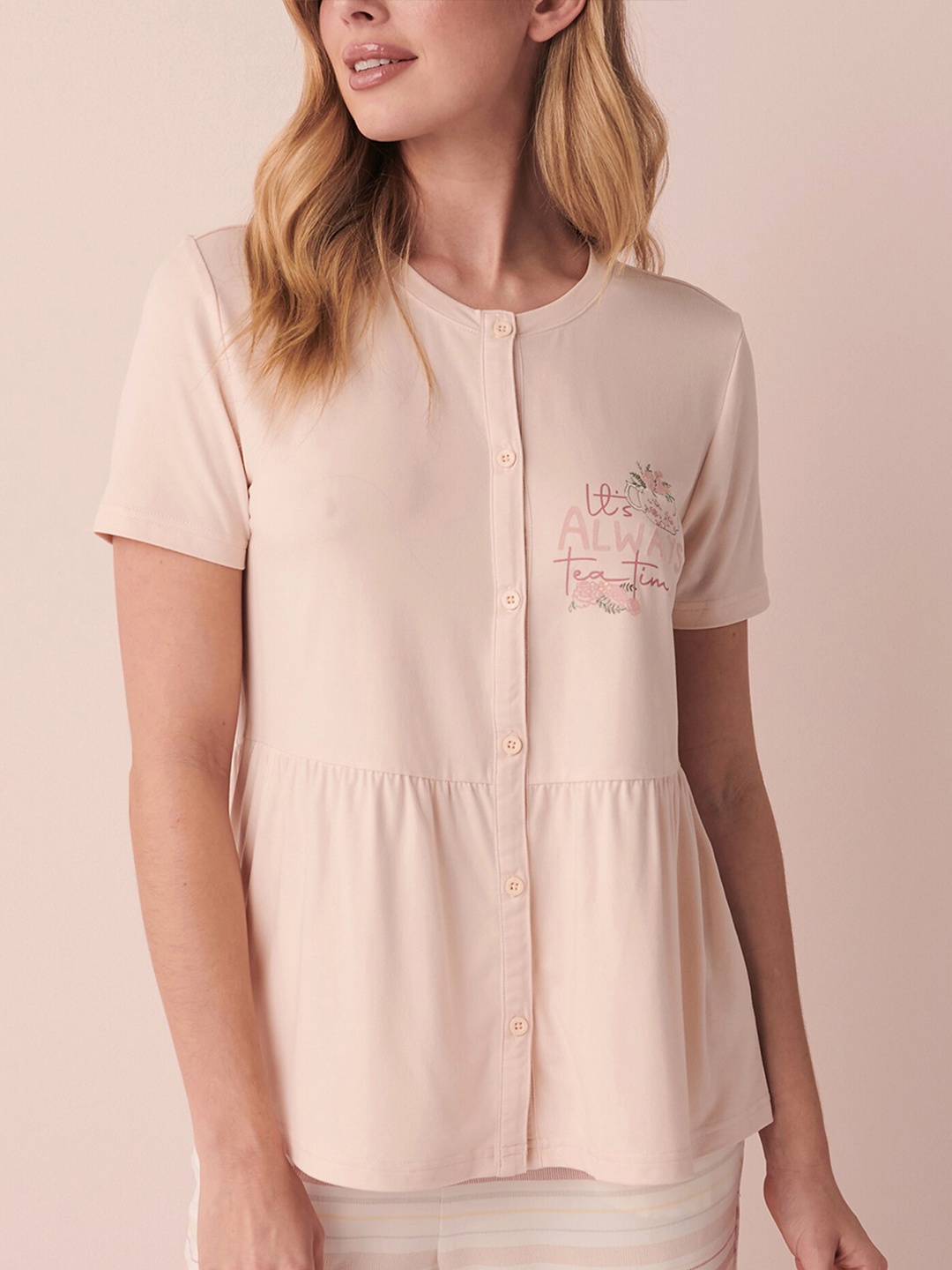 

La Vie en Rose Typography Printed Gathers Lounge T-shirt, Pink