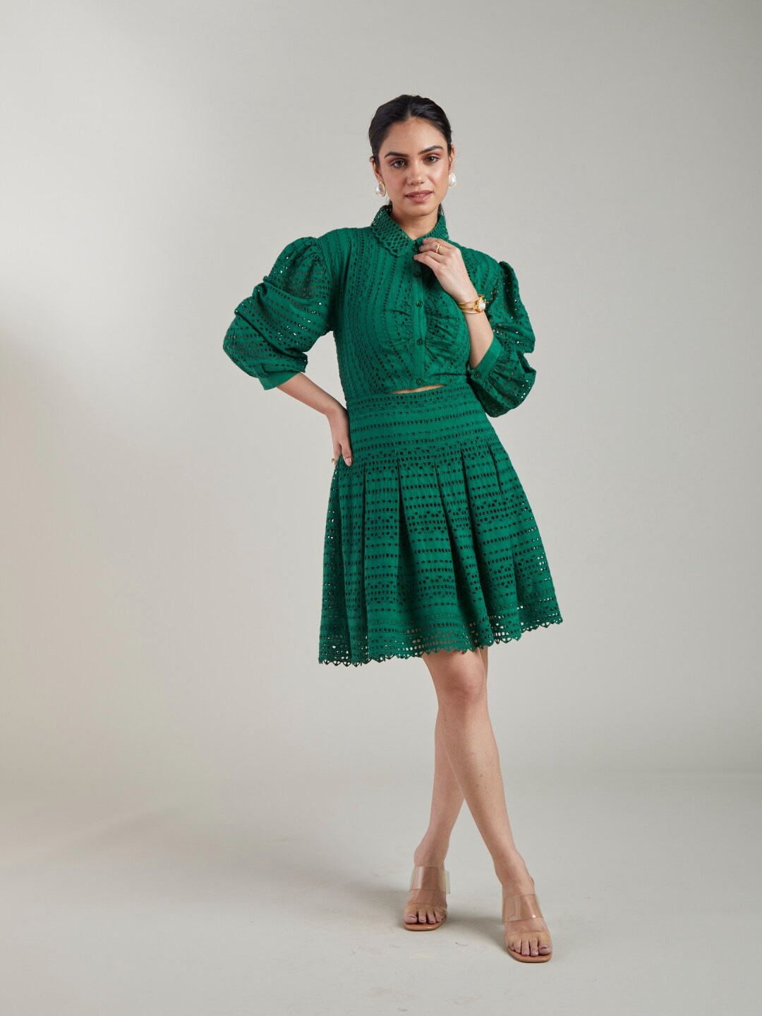 

Style Island Schiffli Cut-Out Detailed Fit & Flare Dress, Green