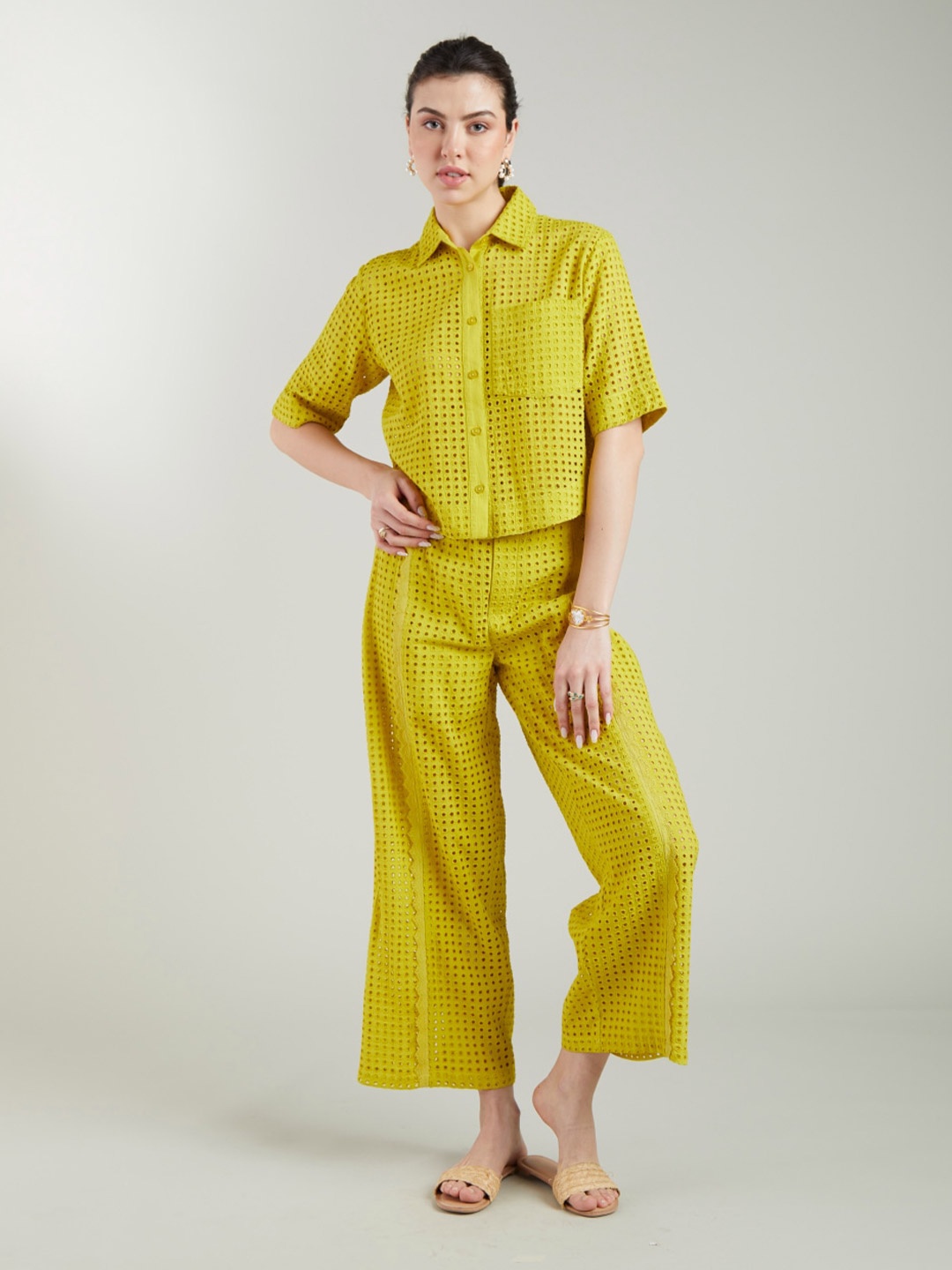 

Style Island Self Design Embroidered Shirt Style Top, Lime green