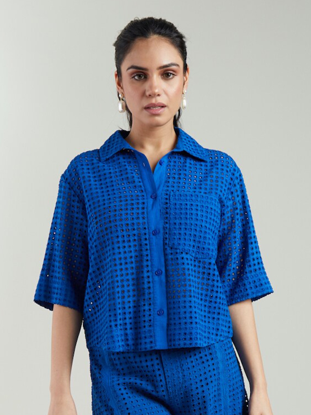 

Style Island Self Design Shirt Style Schiffli Top, Blue