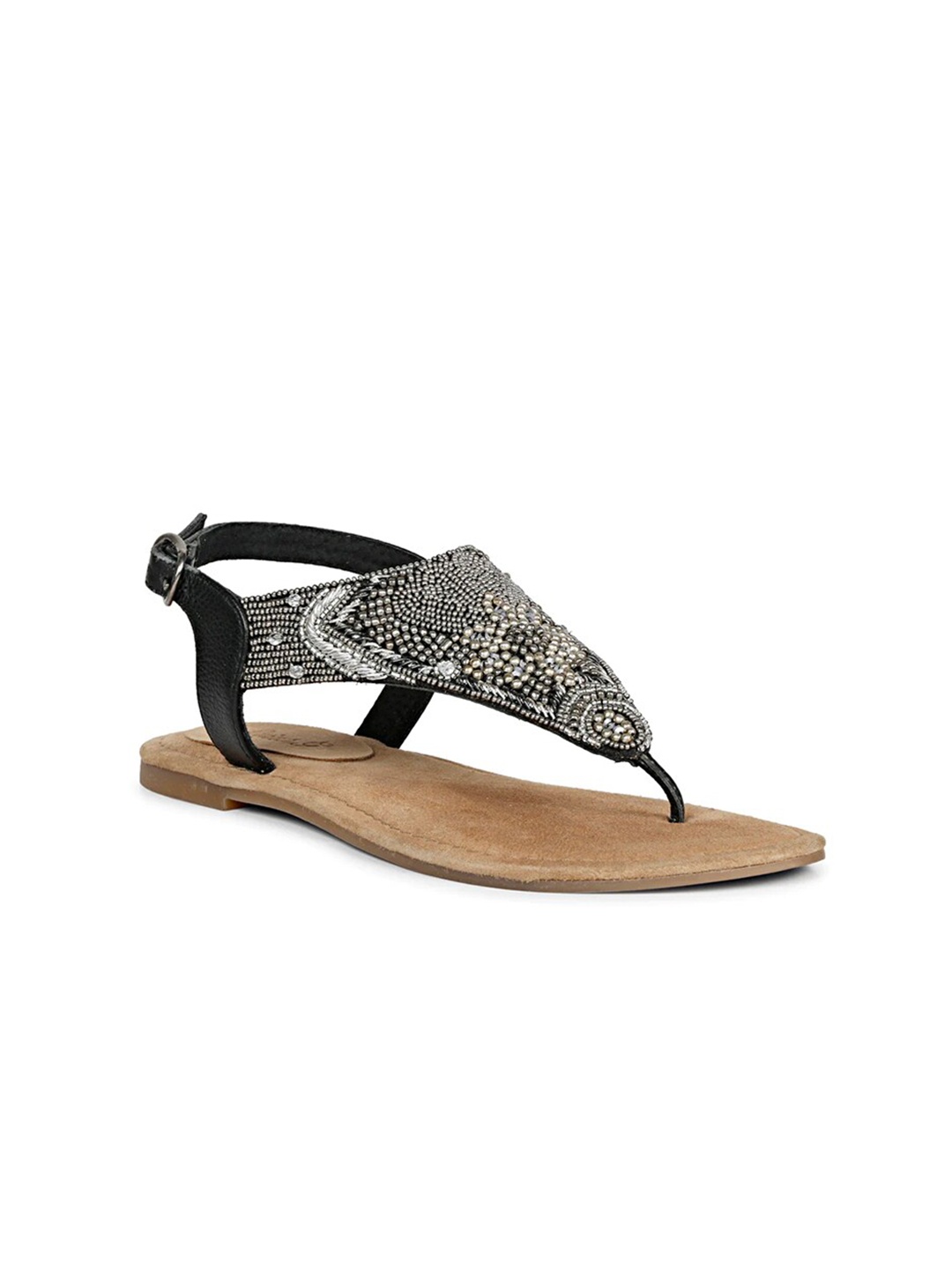 

Saint G Women Embellished Leather Open Toe Flats With Buckles, Black