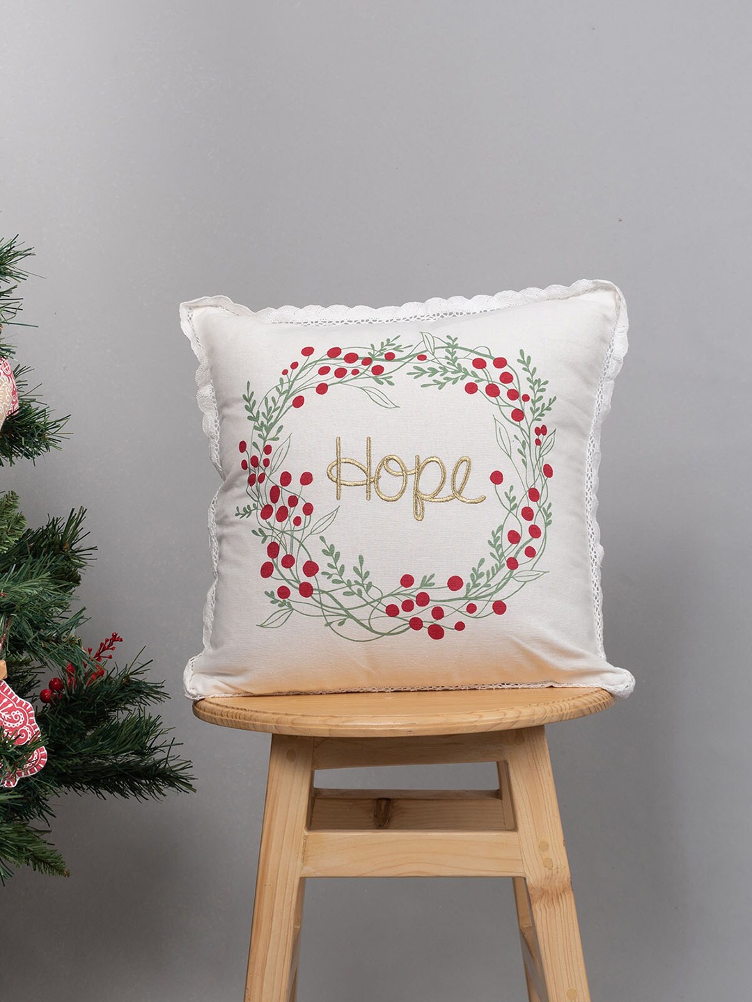

The Yellow Dwelling Red & Green Floral Printed Cotton Square Cushion Cover