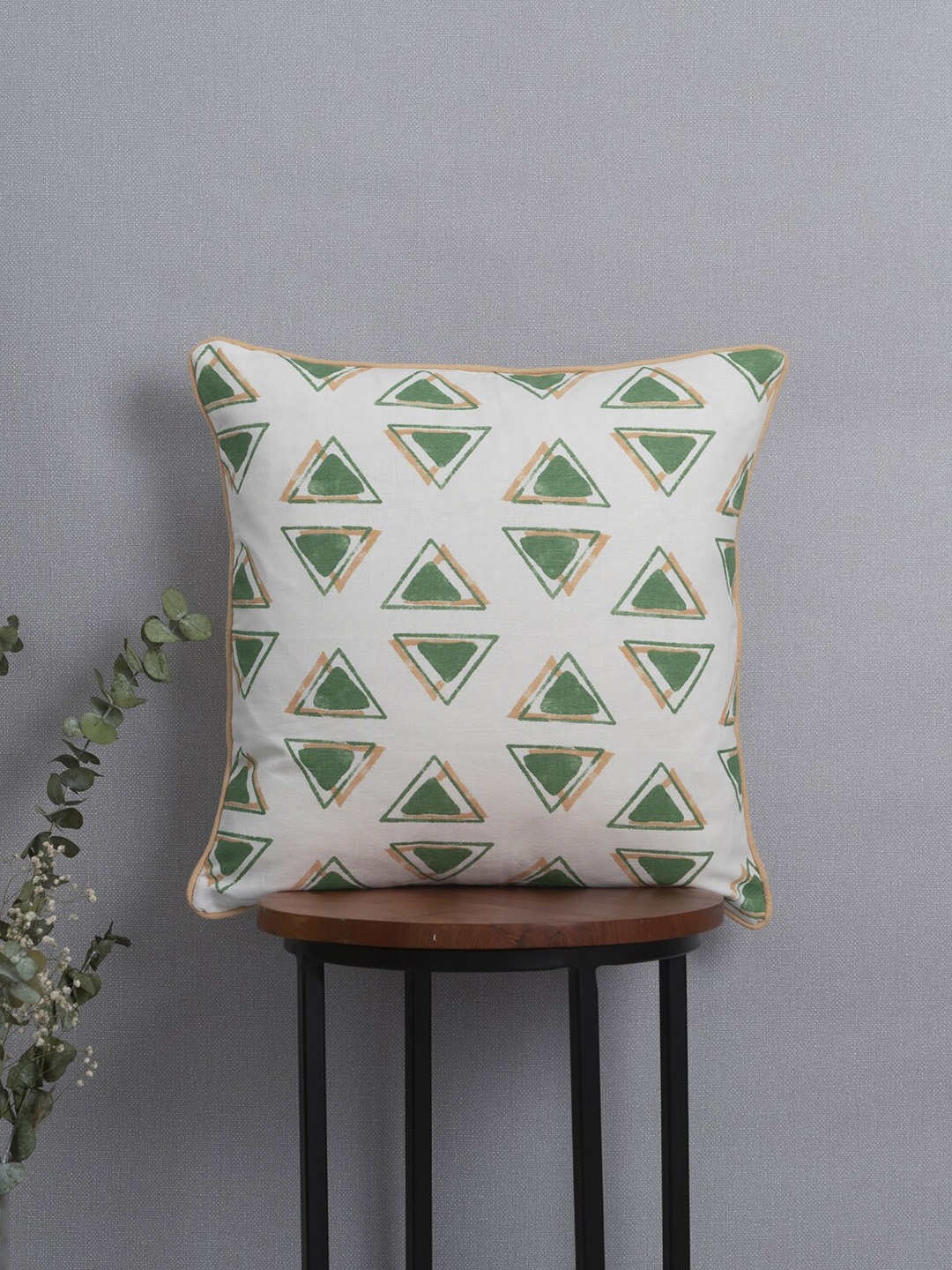 

The Yellow Dwelling Green & White Geometric Printed Cotton Square Cushion Cover