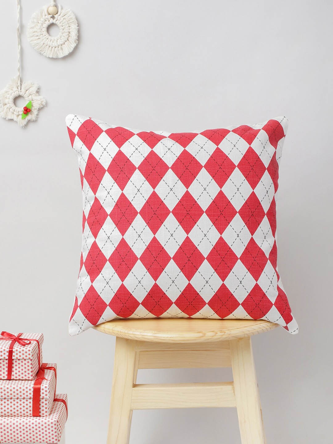 

The Yellow Dwelling Cross Stitch Red & White Geometric Cotton Square Cushion Covers