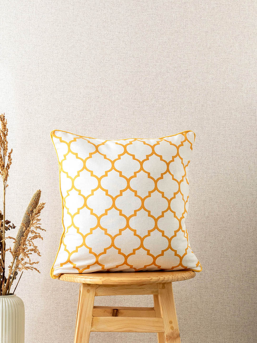 

The Yellow Dwelling Yellow & Pink Geometric Printed Cotton Square Cushion Cover