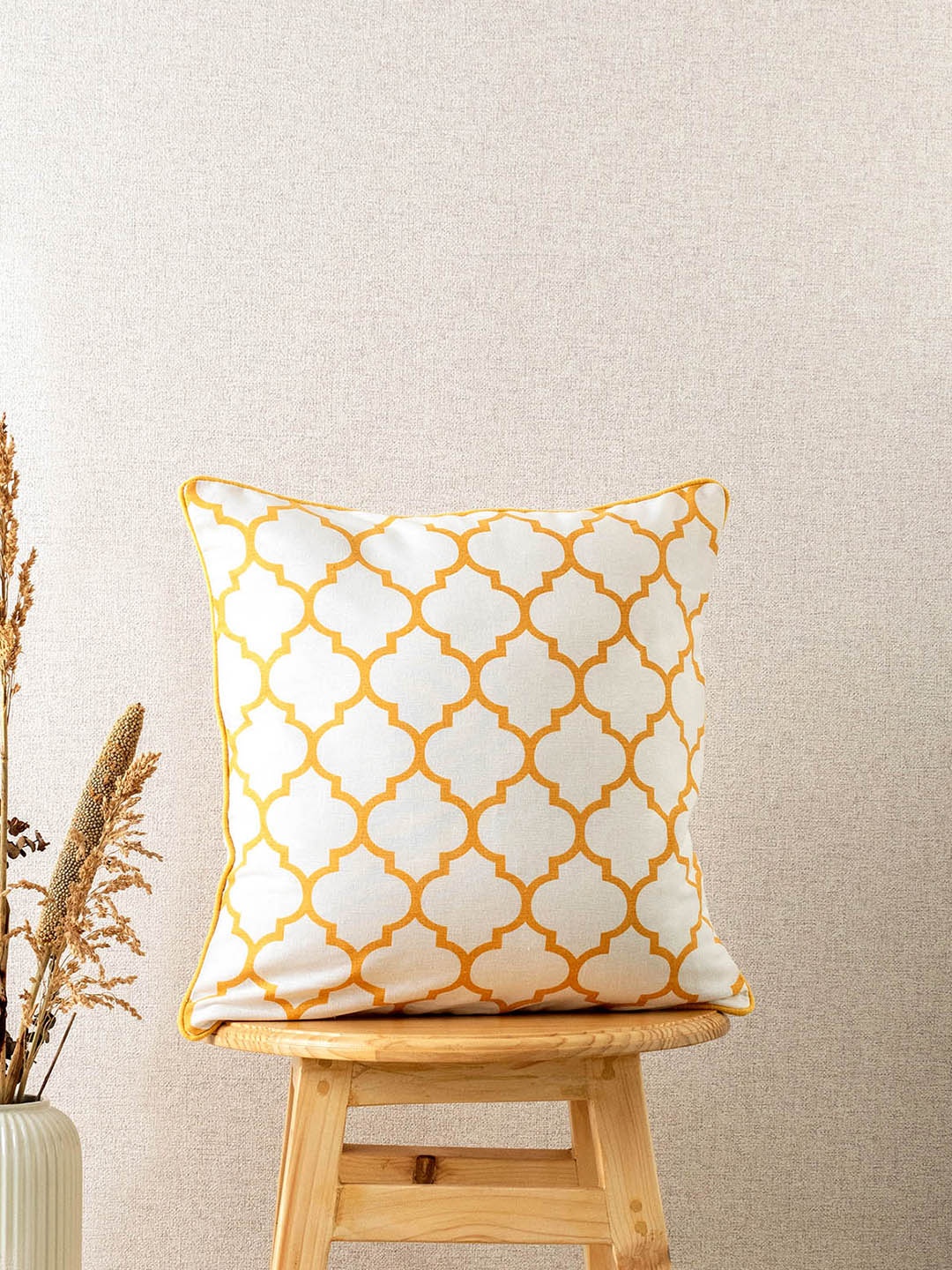 

The Yellow Dwelling Yellow & White Geometric Printed Cotton Square Cushion Cover