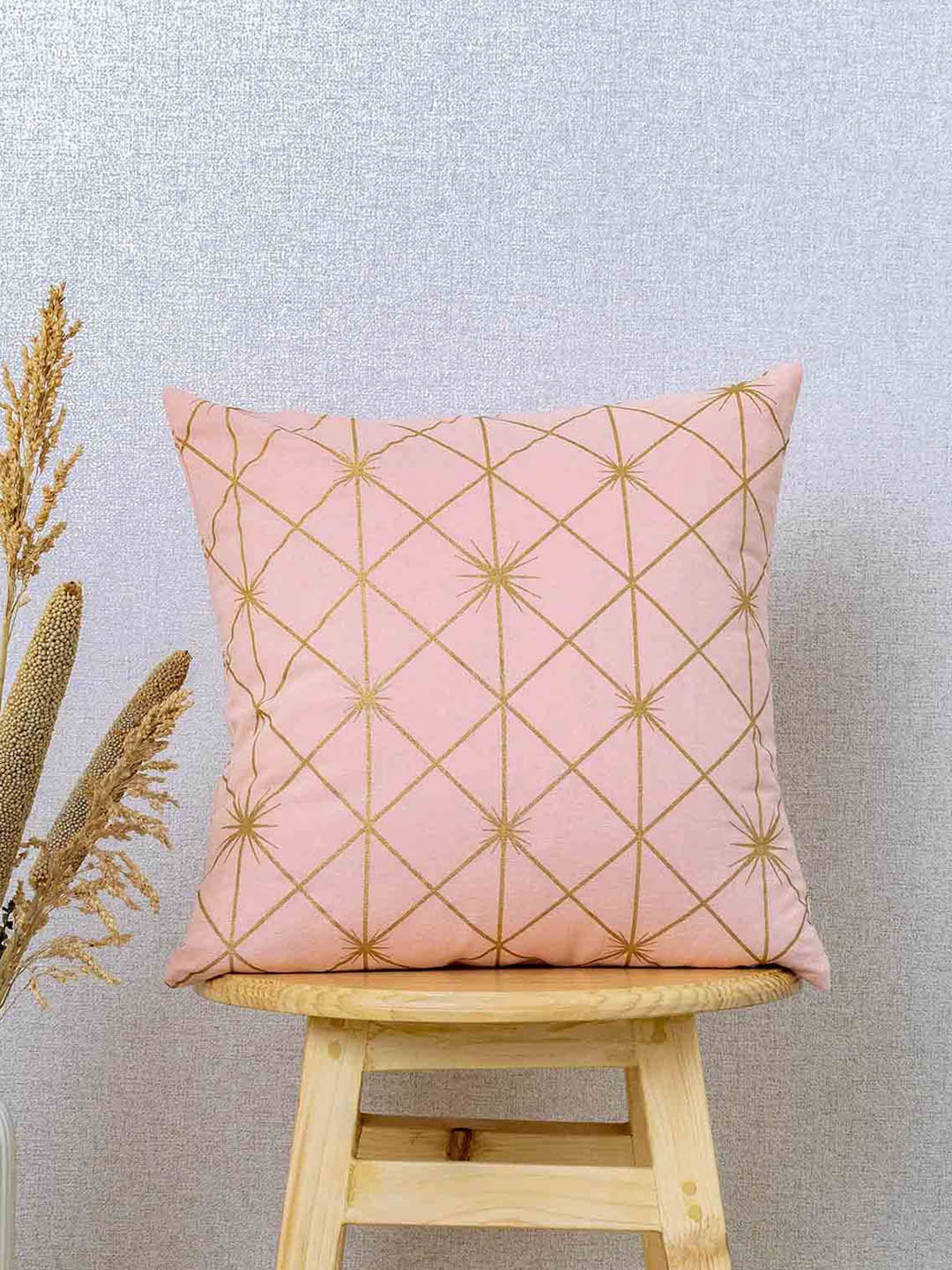 

The Yellow Dwelling Pink & Gold-Toned Geometric Printed Cotton Square Cushion Cover