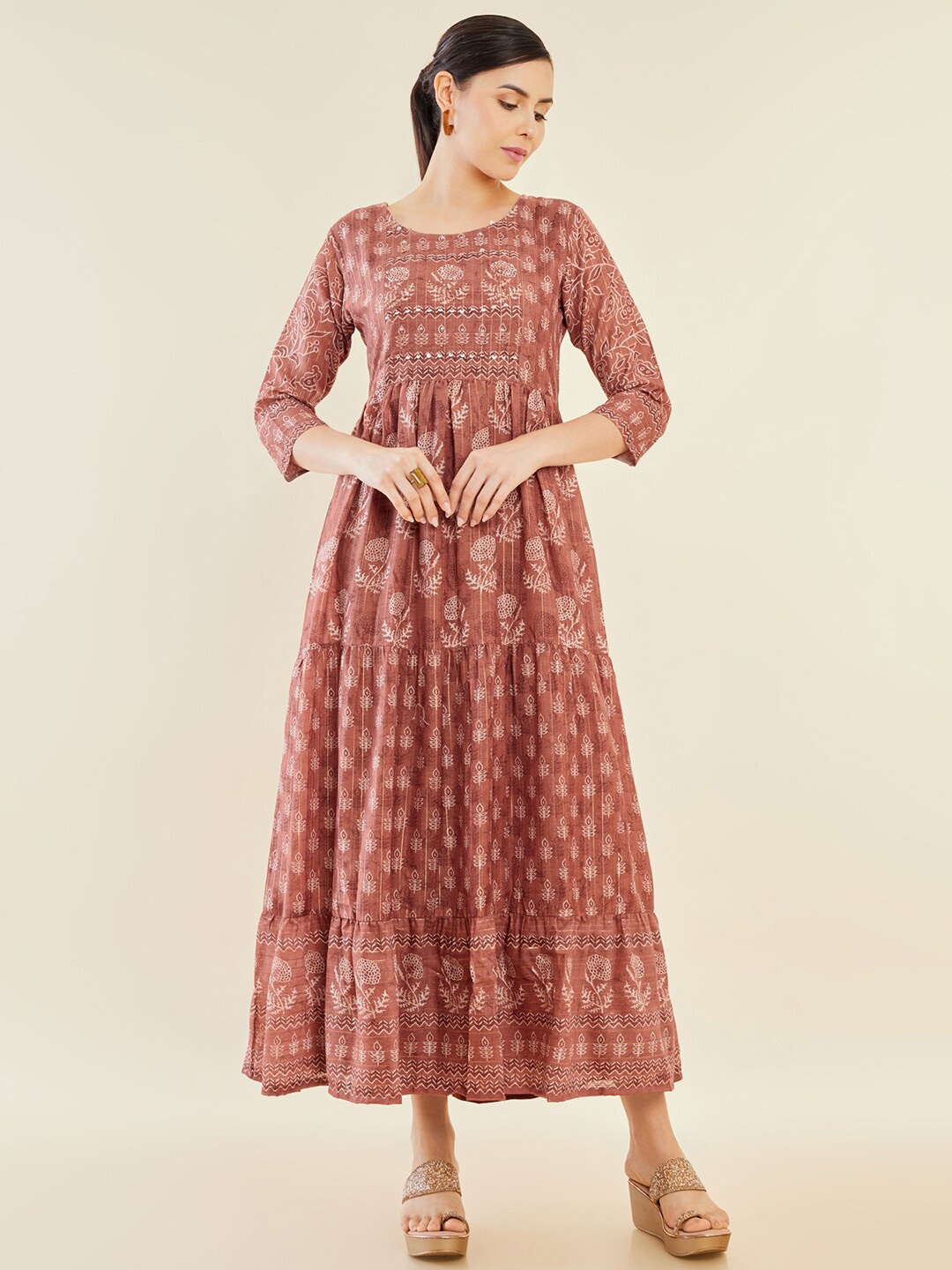 

Soch Floral Printed & Embroidered Tiered Fit and Flare Midi Ethnic Dress, Brown