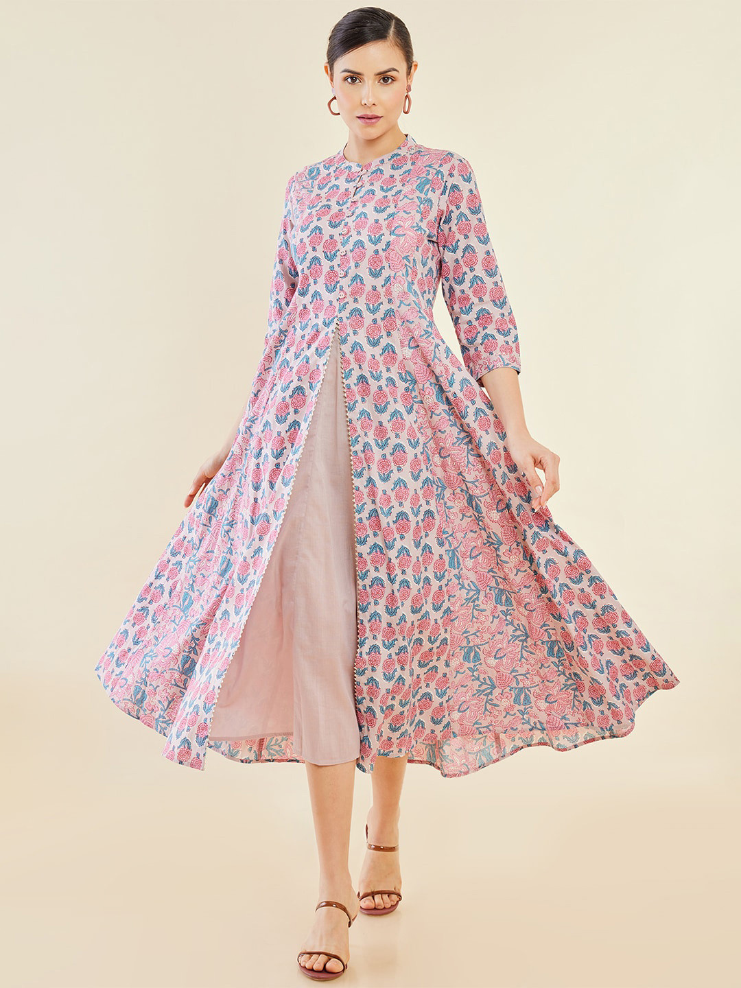 

Soch Ethnic Motifs Printed Gotta Patti Cotton Fit & Flare Midi Dress, Pink