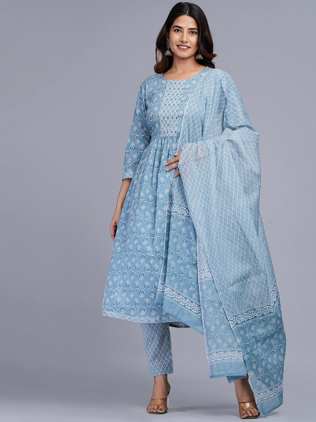 

KALINI Ethnic Motifs Printed Pure Cotton Kurta With Trousers & With Dupatta, Blue