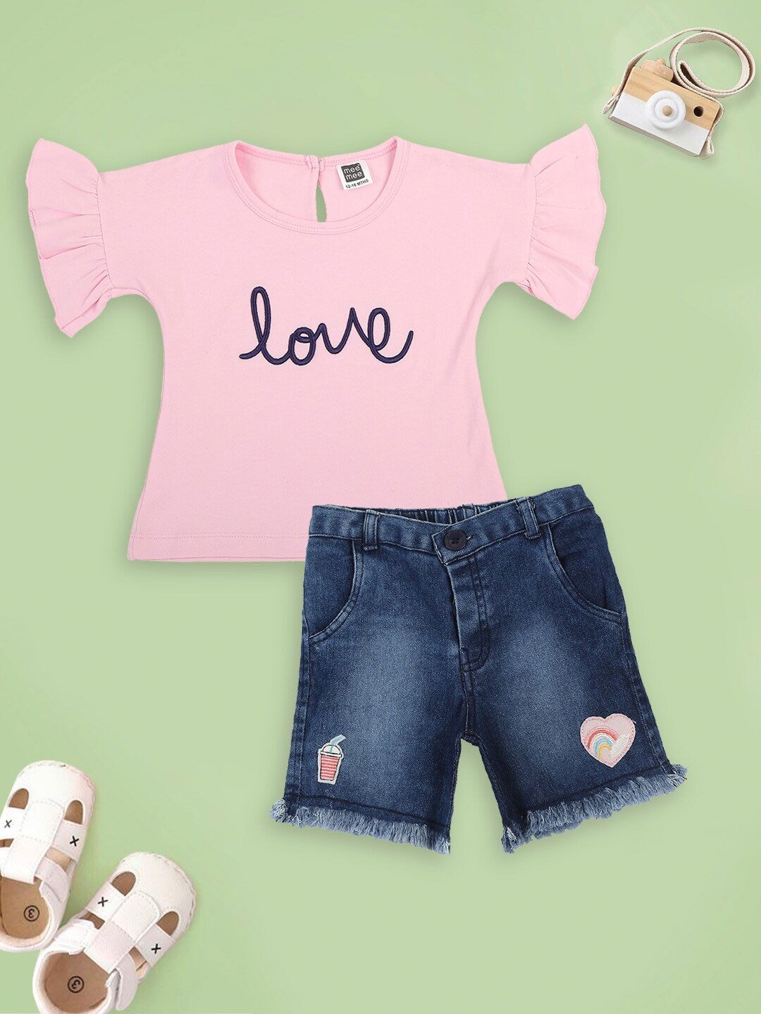 MeeMee GirlsTypography Printed Cotton Top with Shorts, Pink
