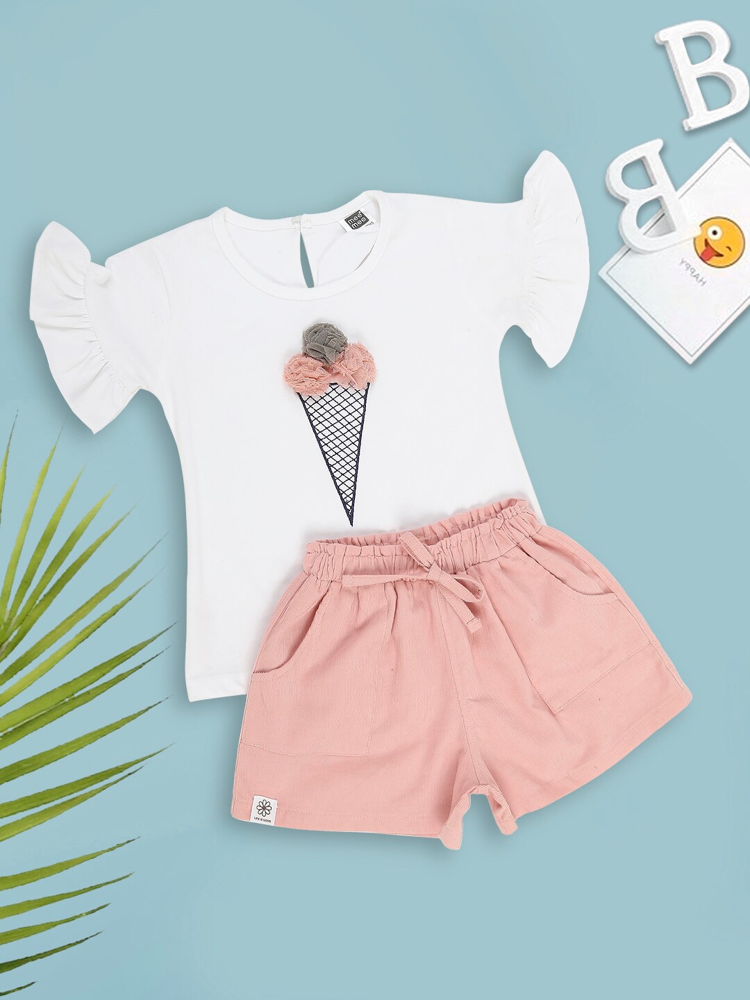 

MeeMee Girls Embroidered Top with Shorts, White