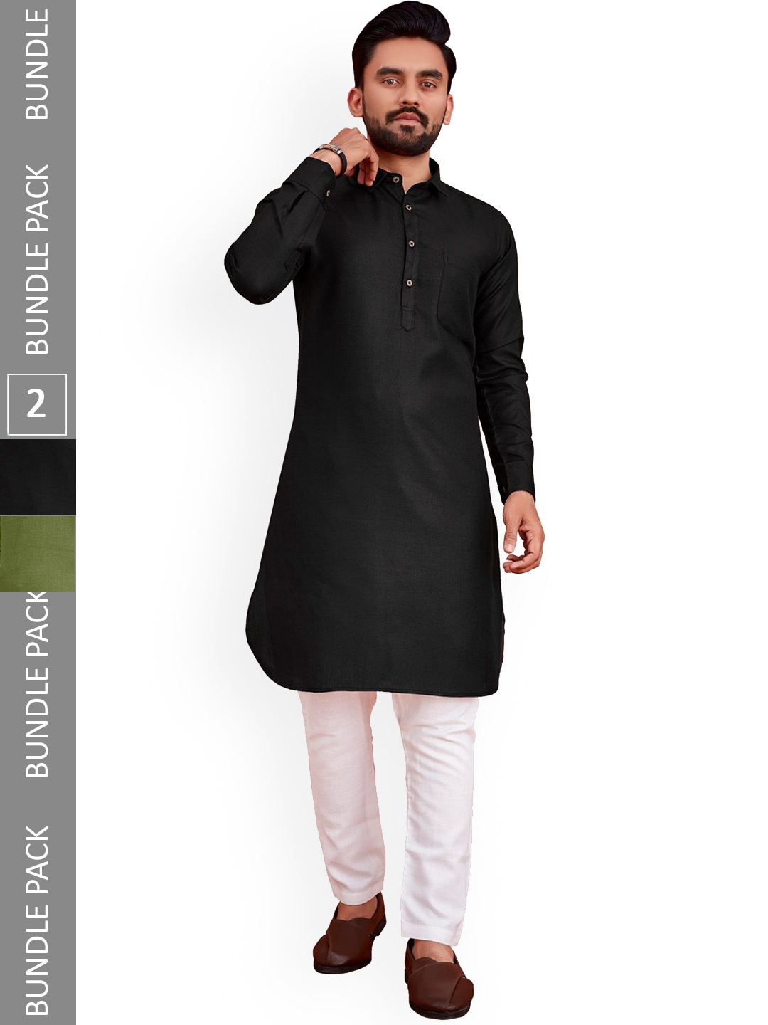 

allan peter Selection Of 2 Shirt Collar Pathani Cotton Kurtas, Black