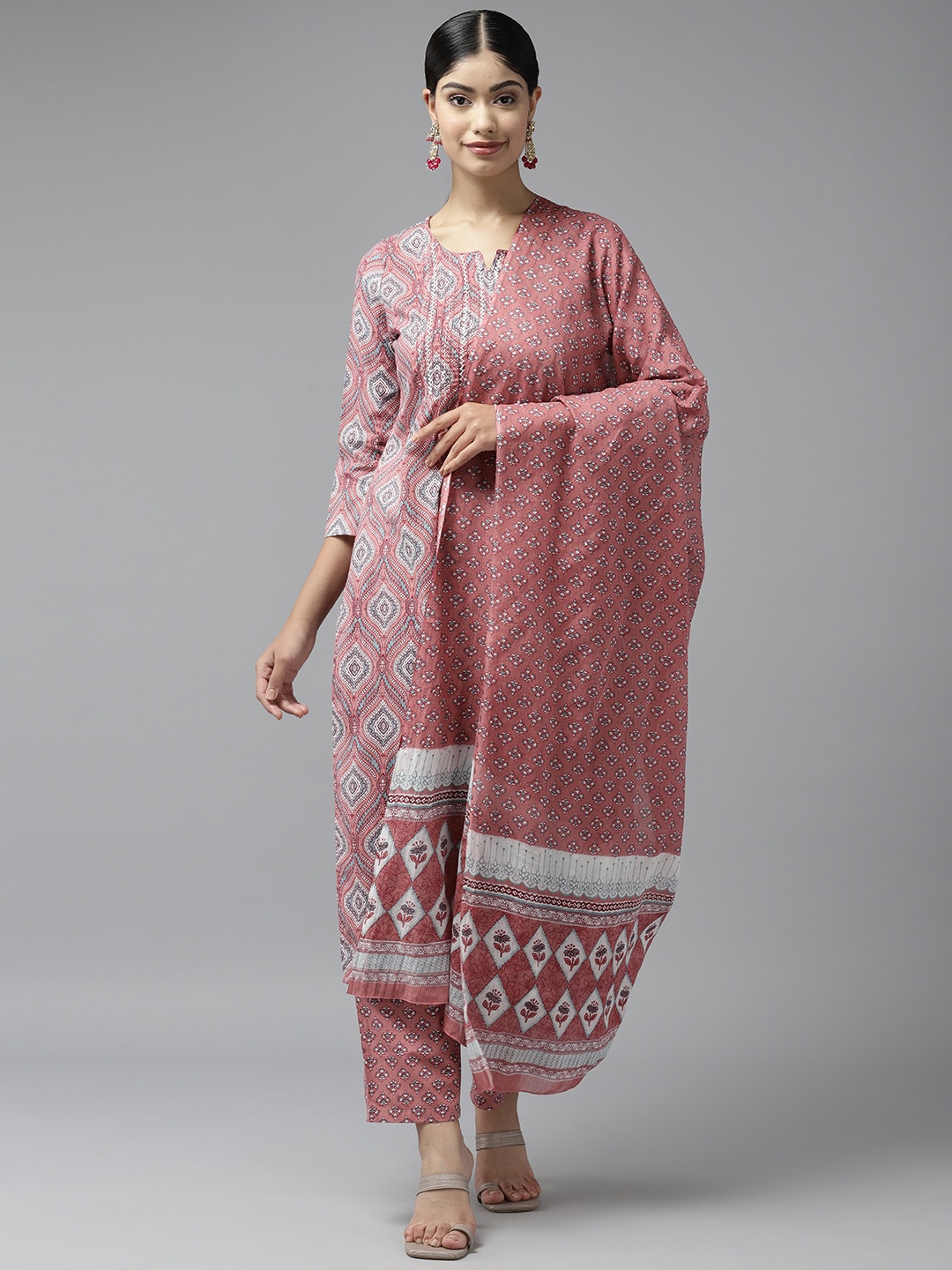 

Prakrti Women Ethnic Motifs Printed Regular Pure Cotton Kurta with Trousers & With Dupatta, Mauve