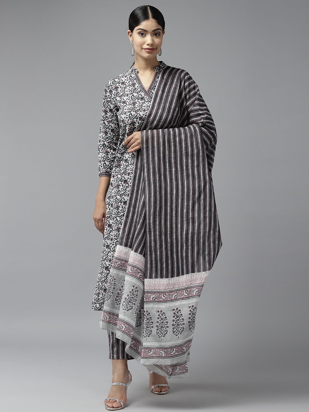 

Prakrti Women Floral Printed Angrakha Sequinned Pure Cotton Kurta with Trousers & Dupatta, Grey