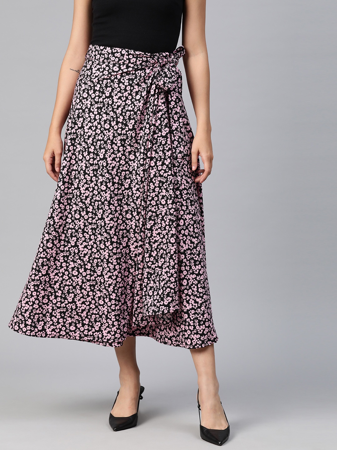 

Ayaany Women Floral Printed Tie-Ups Wrap Maxi Skirt, Black