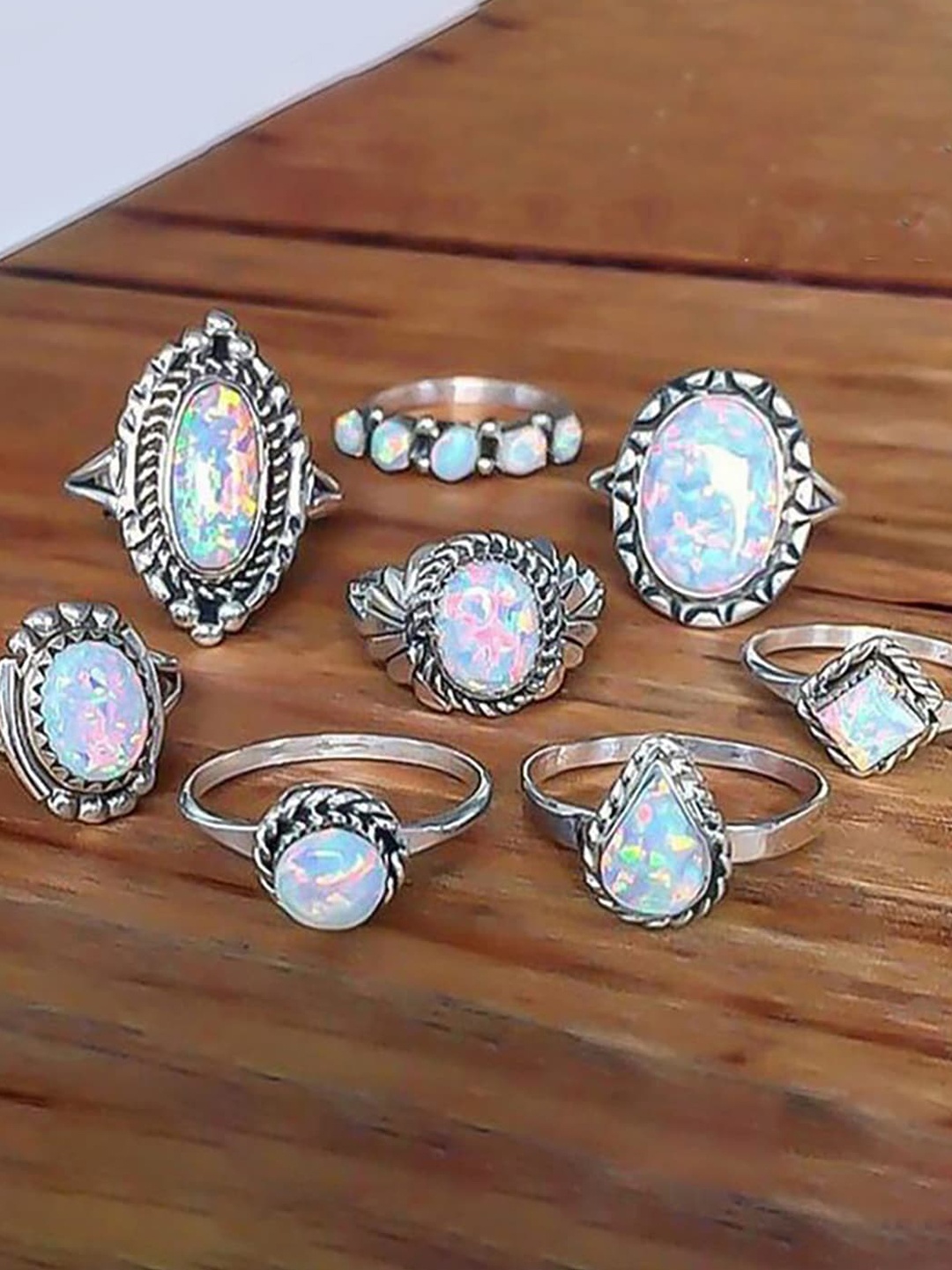 

Scintillare By Sukkhi Set Of 8 Silver-Plated Stone Studded Finger Rings