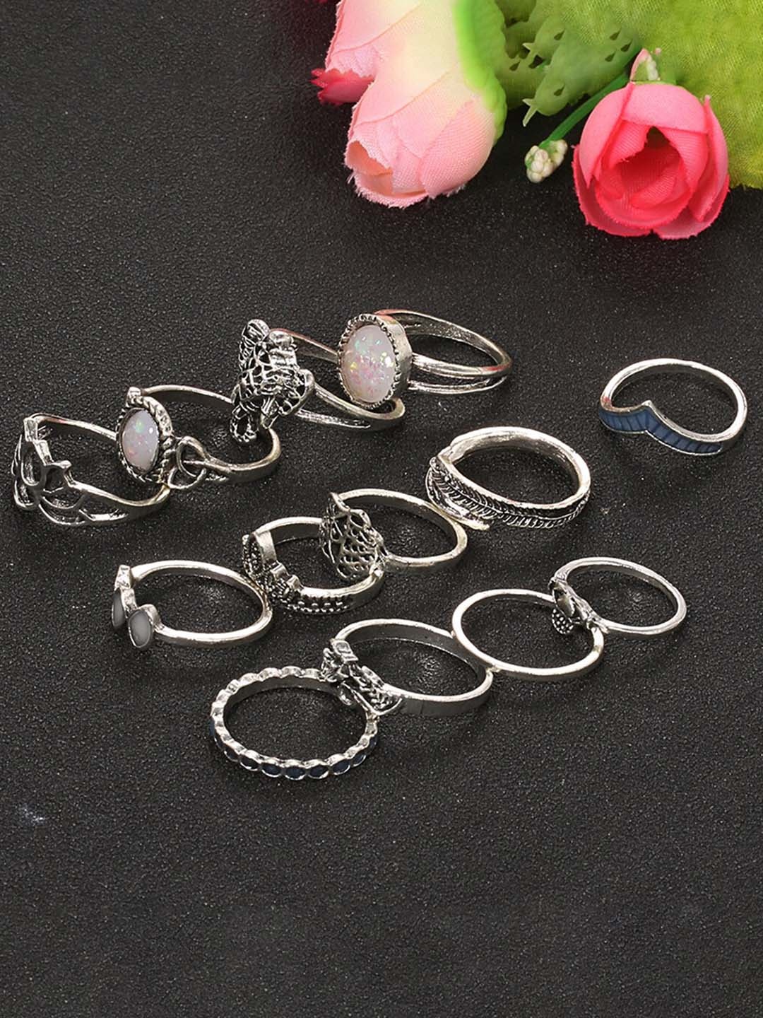 

Scintillare By Sukkhi Set of 13 Silver-Plated Oxidised Finger Rings