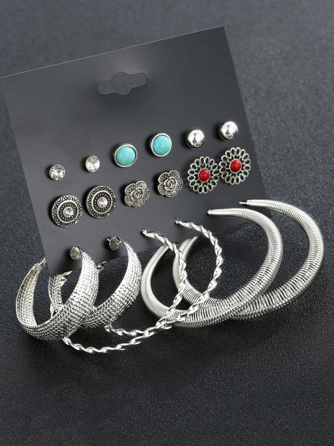

Scintillare By Sukkhi Set Of 9 Silver-Plated Stone -Studded Hoop And Stud Earrings