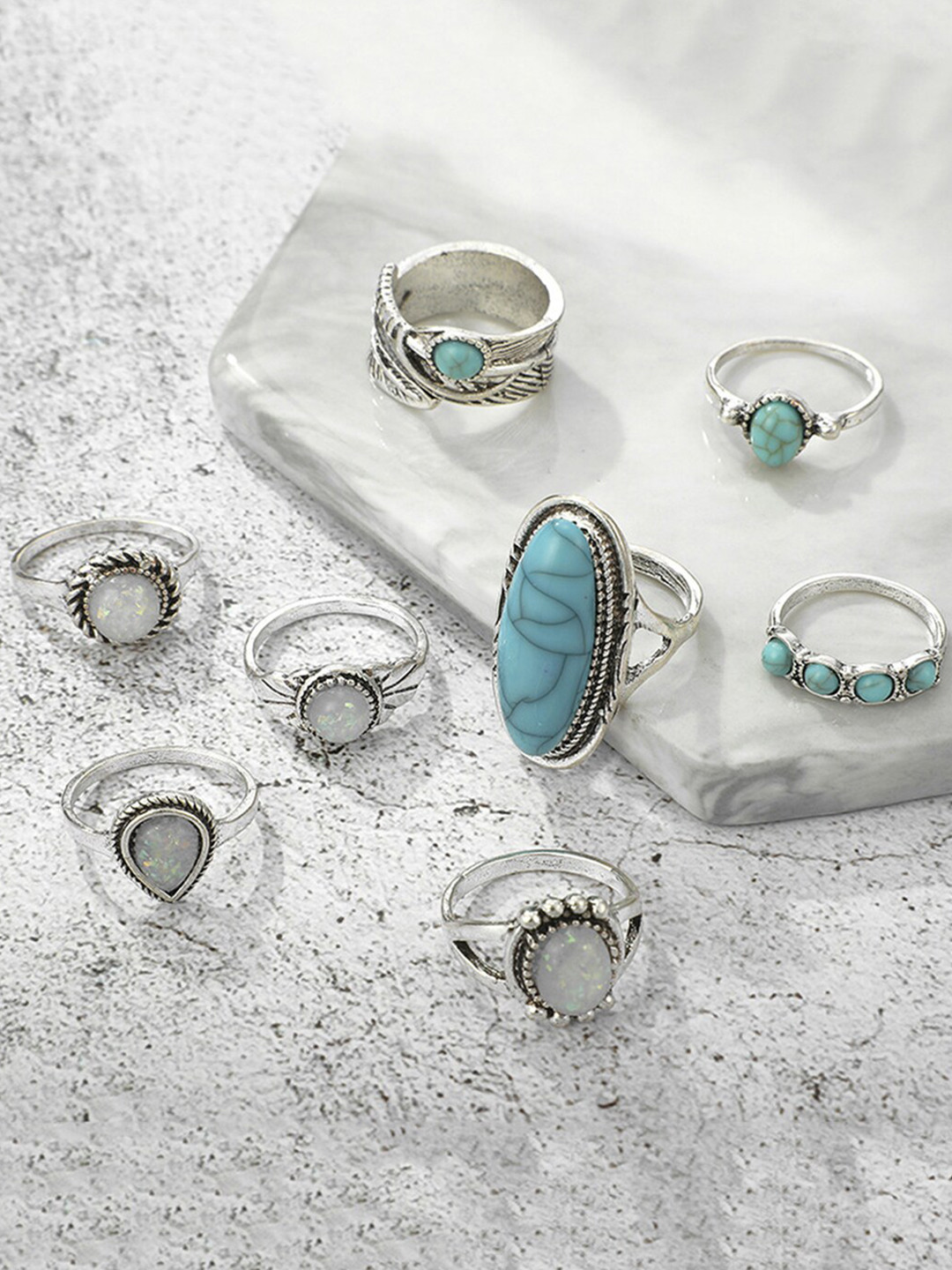 

Scintillare By Sukkhi Set Of 8 Silver-Plated Stone Studded Oxidised Finger Rings