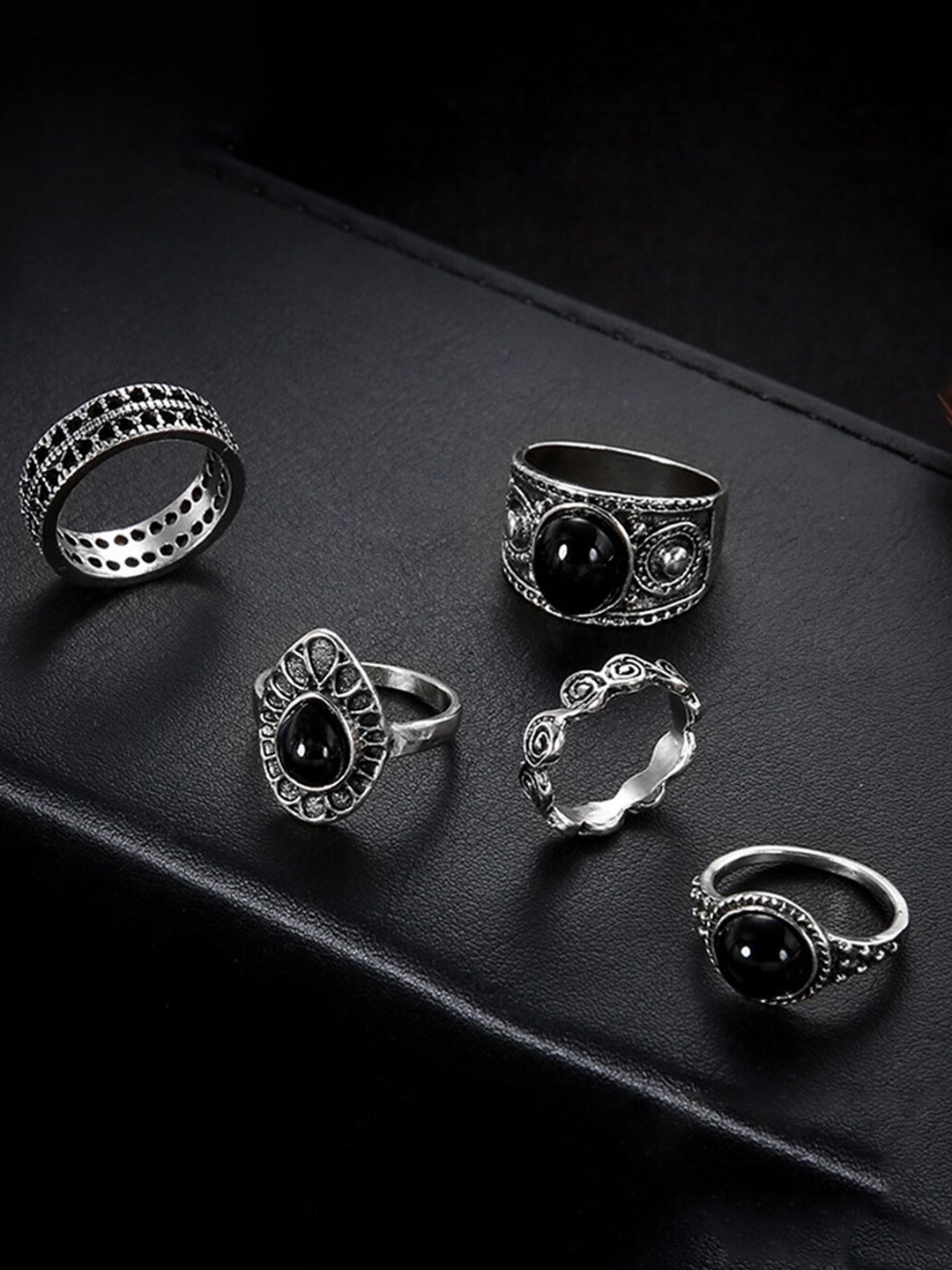 

Scintillare By Sukkhi Set of 5 Silver-Plated Stone-Studded Adjustable Finger Rings