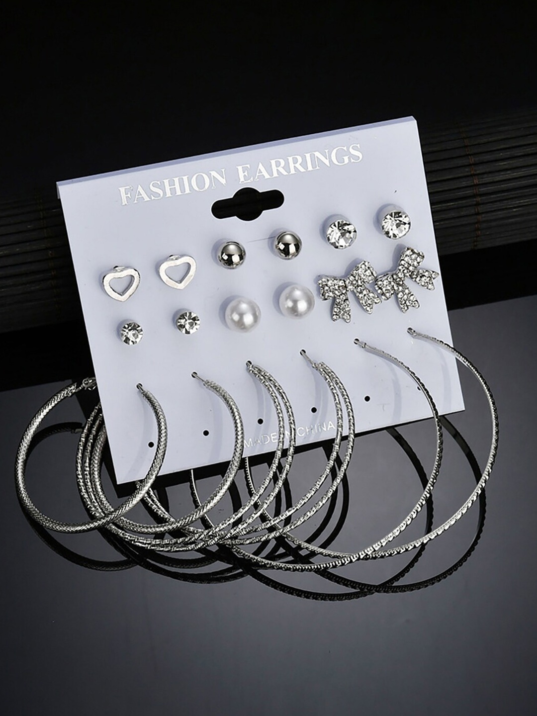 

Scintillare By Sukkhi Set Of 9 Rhodium-Plated Stone -Studded Hoop And Stud Earrings, Silver