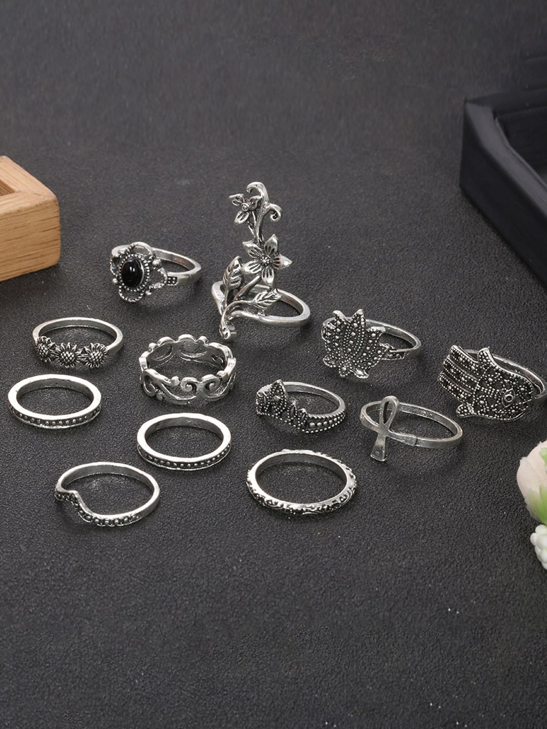 

Scintillare By Sukkhi Set Of 12 Silver-Plated Oxidised Finger Rings