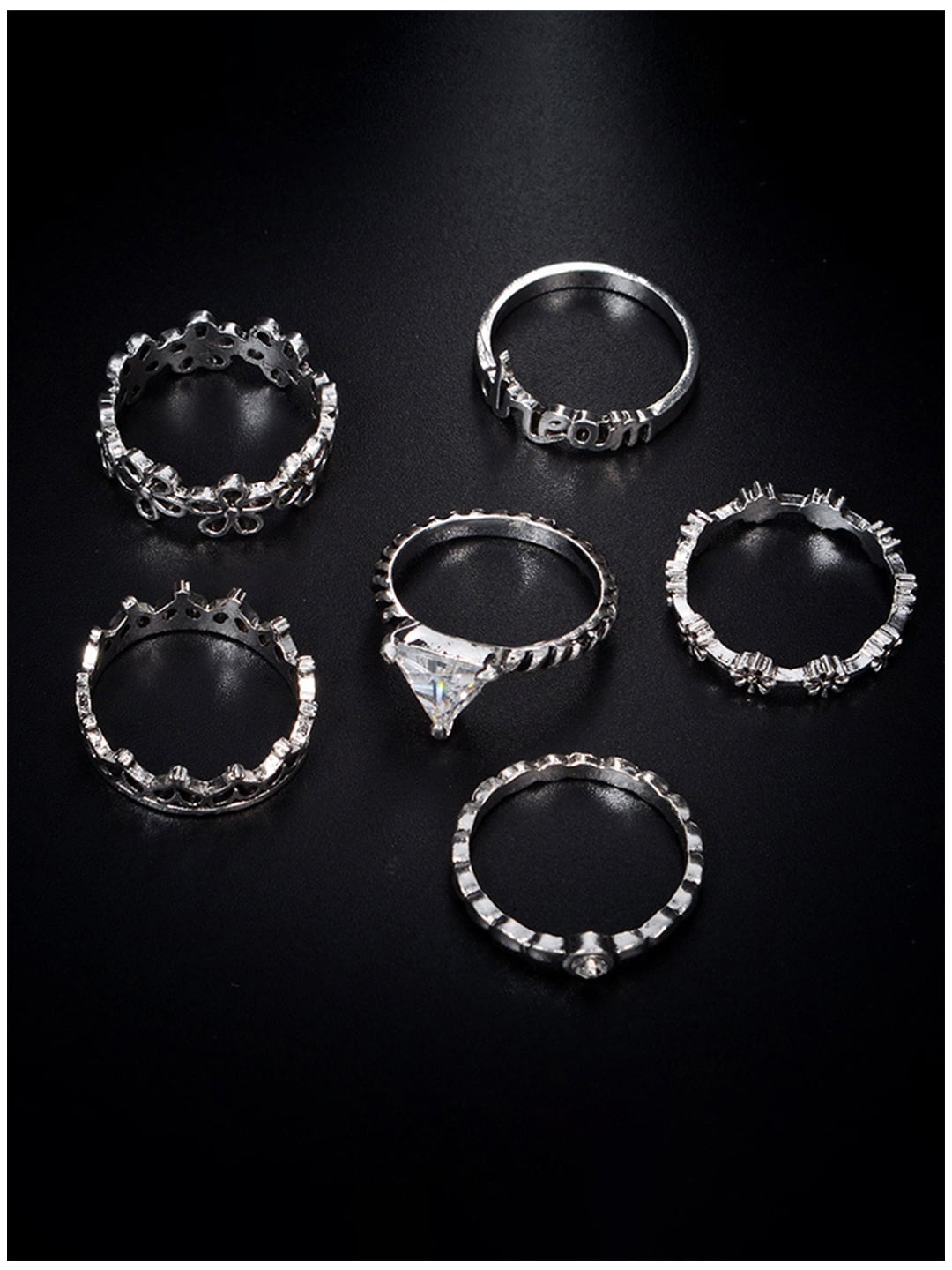 

Scintillare By Sukkhi Set of 6 Silver-Plated Stone-Studded Adjustable Finger Rings